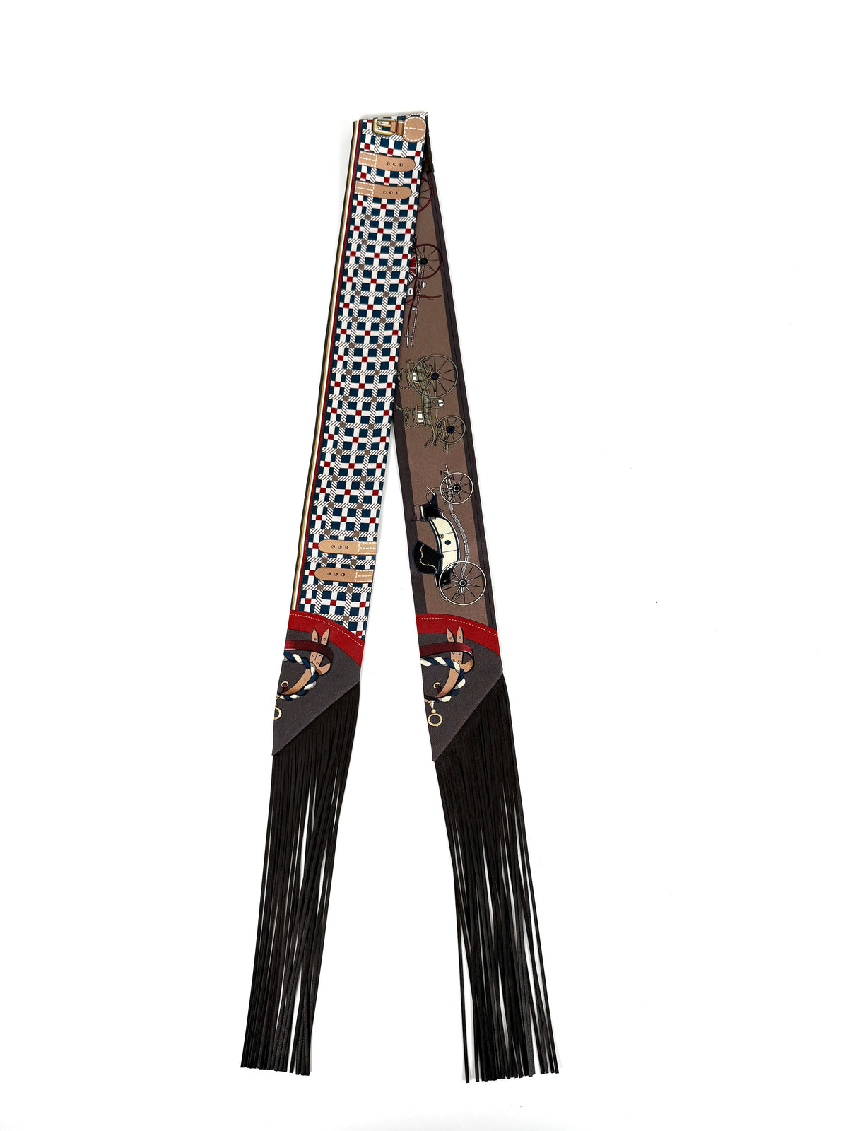 HERMES Les Voitures Nouvelles Bleu Rouge H Marron Glace Silk Calfskin Leather Fringes Twilly Scarf New