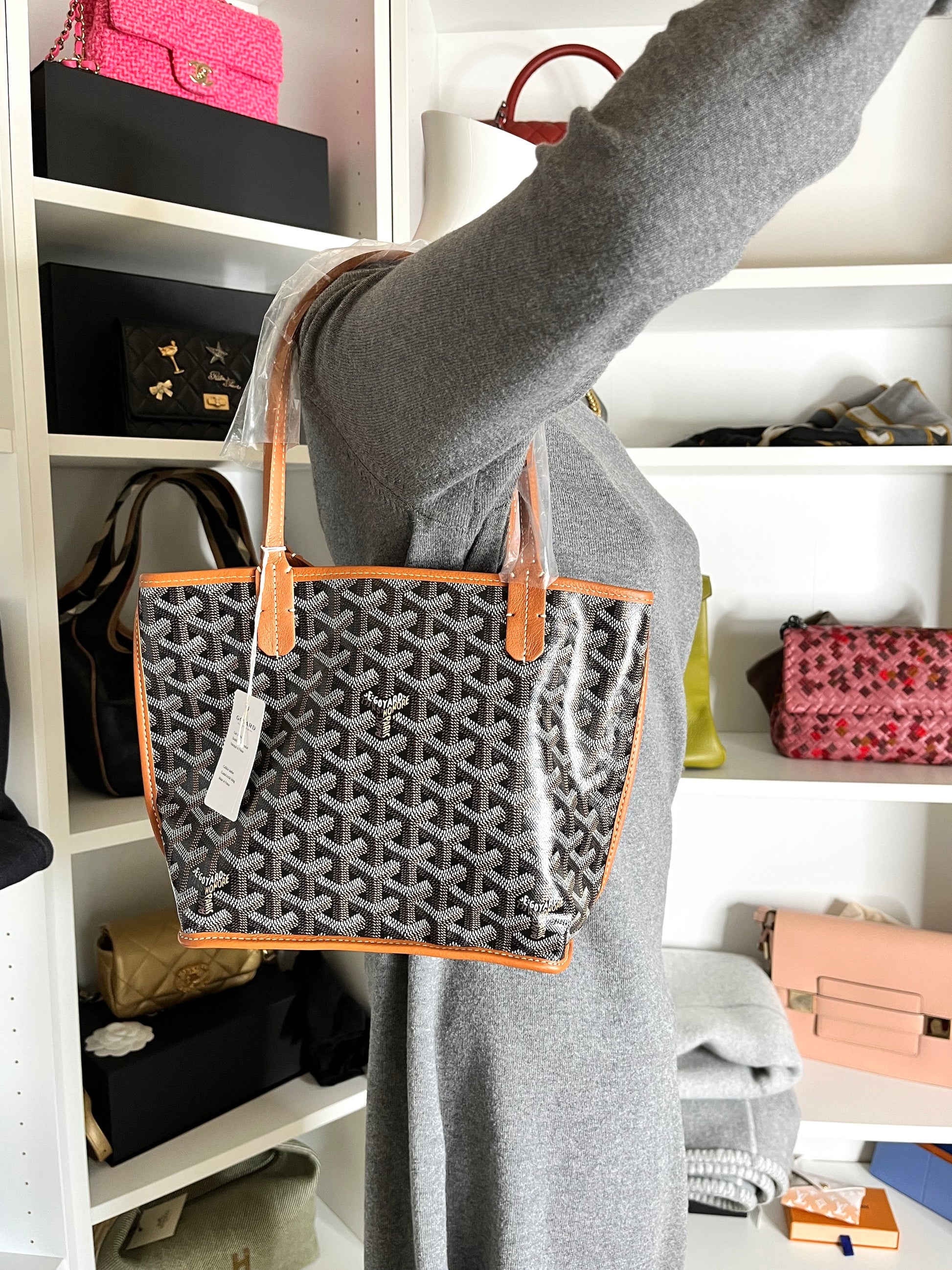 New Goyard Goyardine Black Tan Mini Anjou Reversible Tote Bag