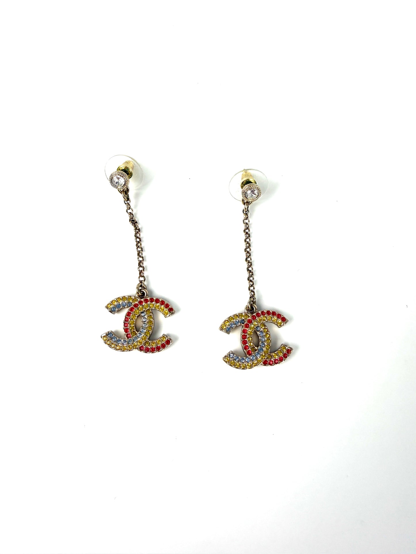CHANEL CC Drop Multicolor Light Gold Strass Earrings