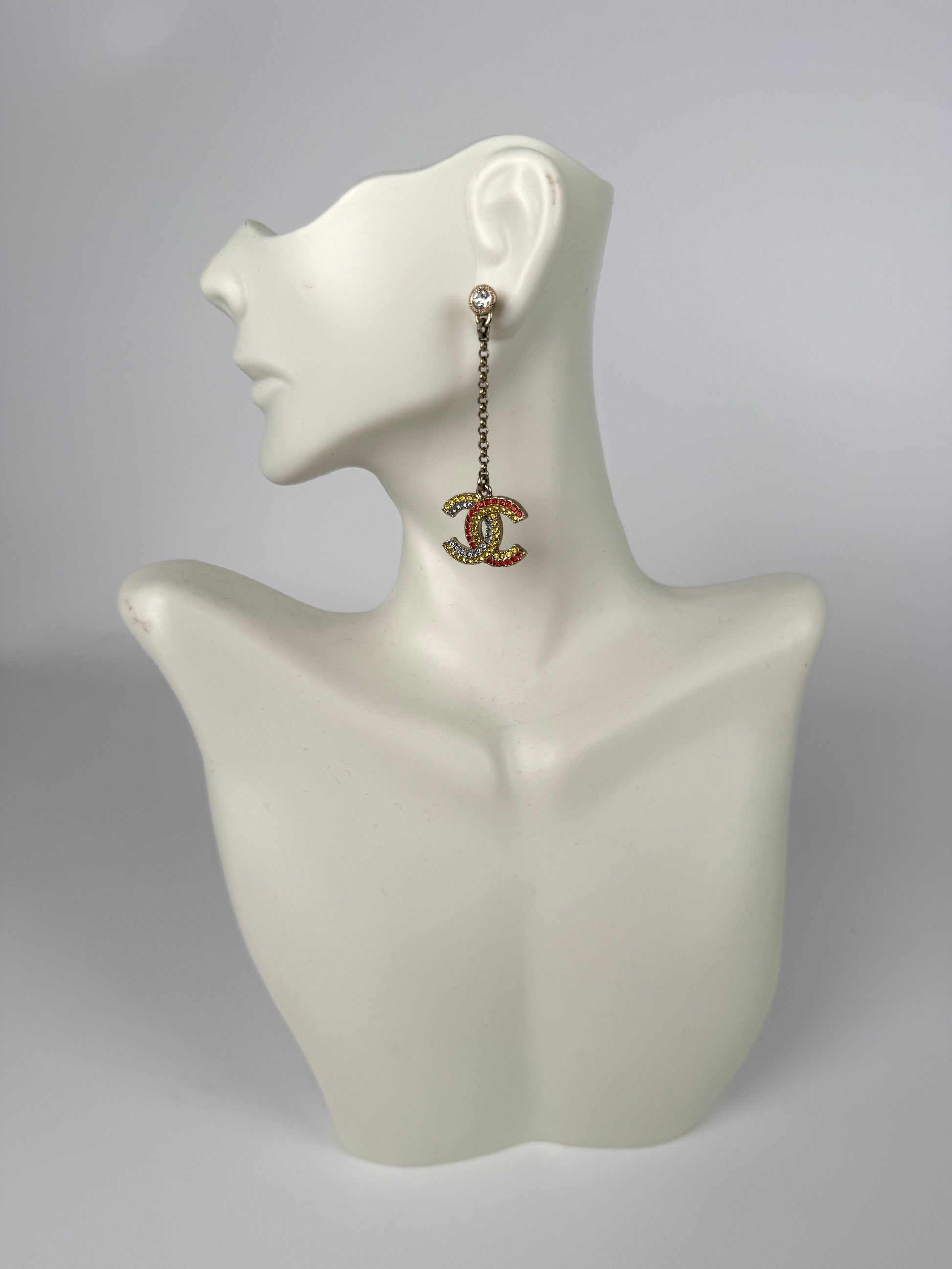 CHANEL CC Drop Multicolor Light Gold Strass Earrings