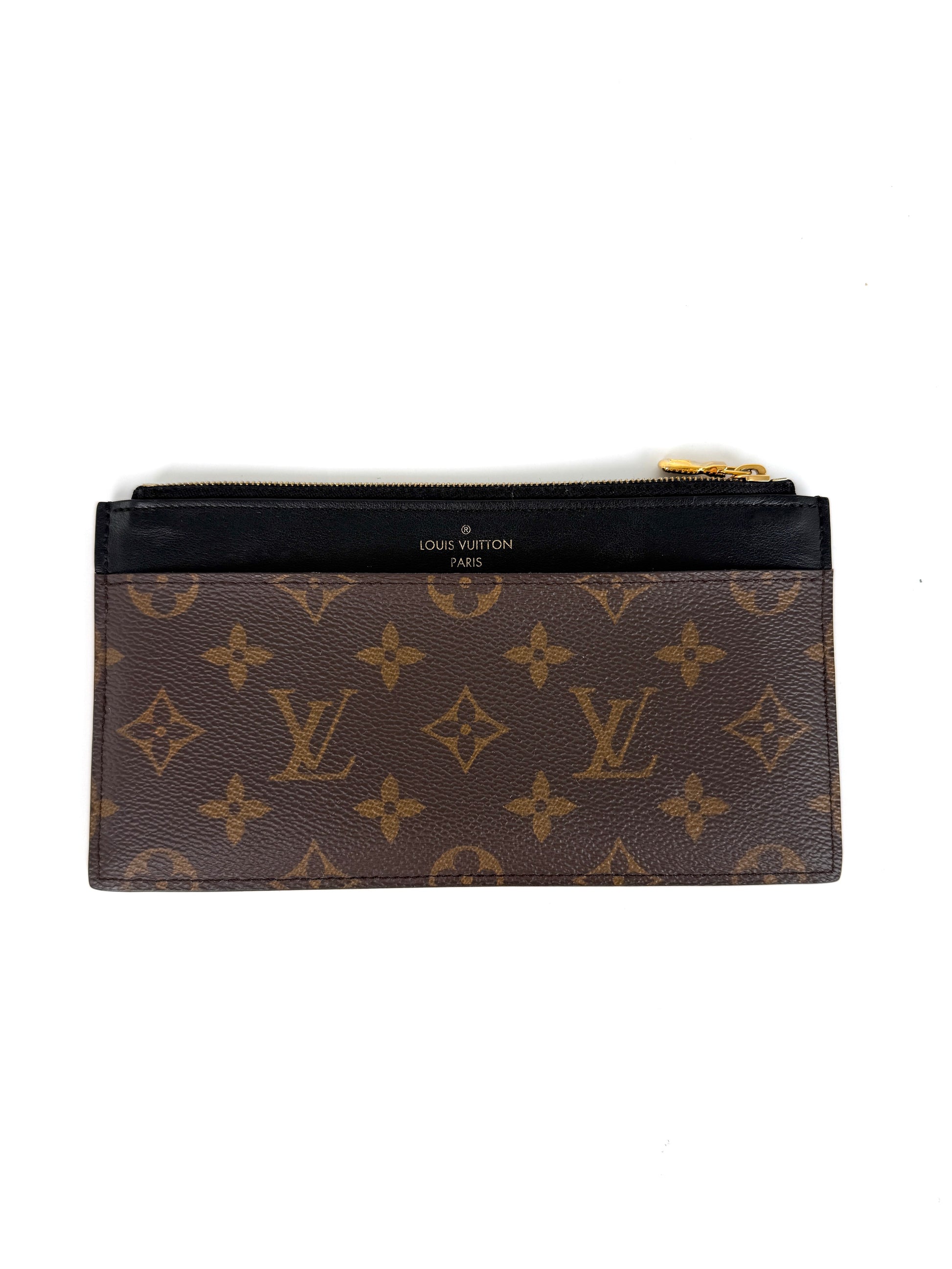 LOUIS VUITTON Slim Purse Brown Monogram Black Leather Zip Wallet