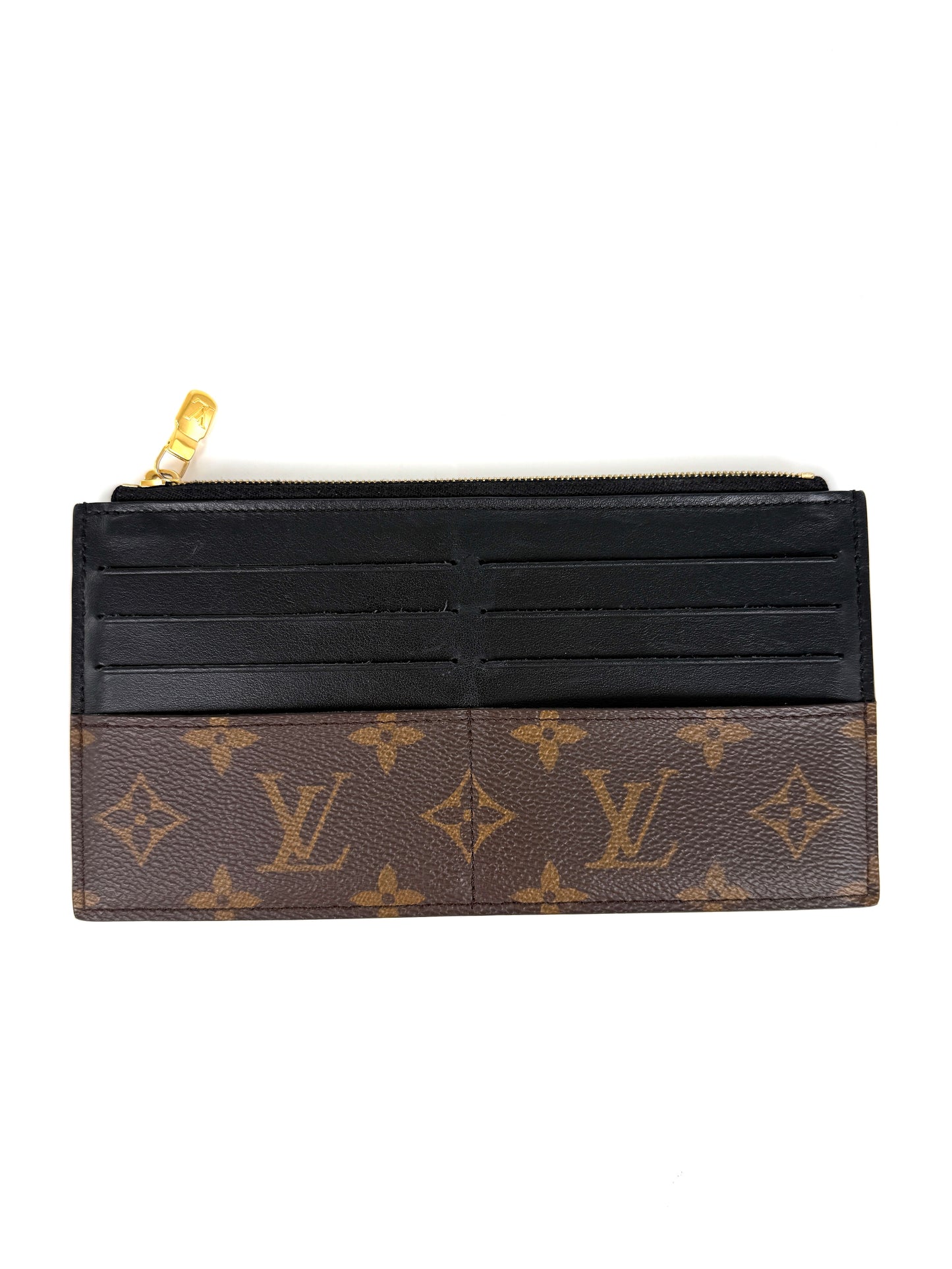 LOUIS VUITTON Slim Purse Brown Monogram Black Leather Zip Wallet