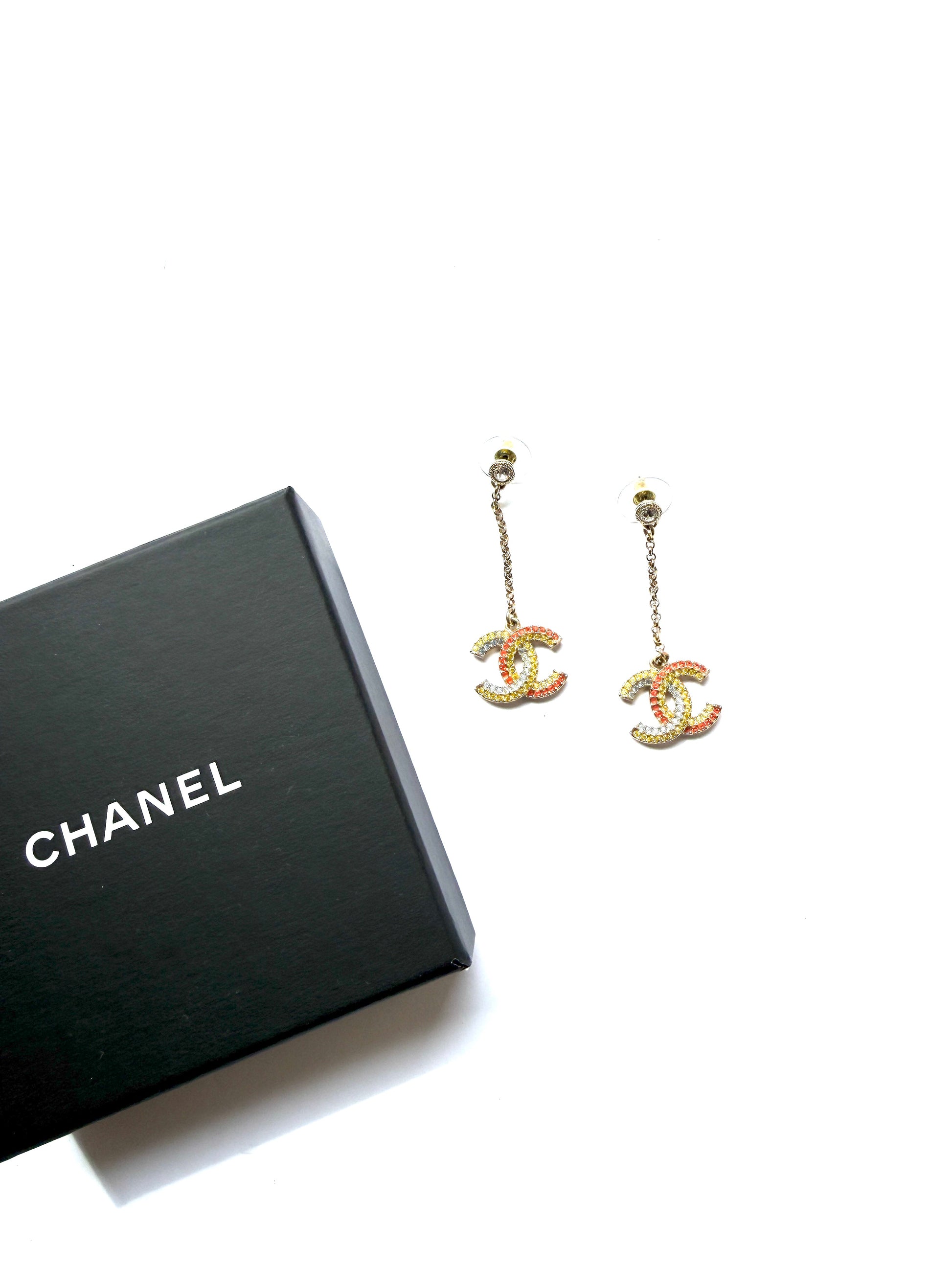 CHANEL CC Drop Multicolor Light Gold Strass Earrings