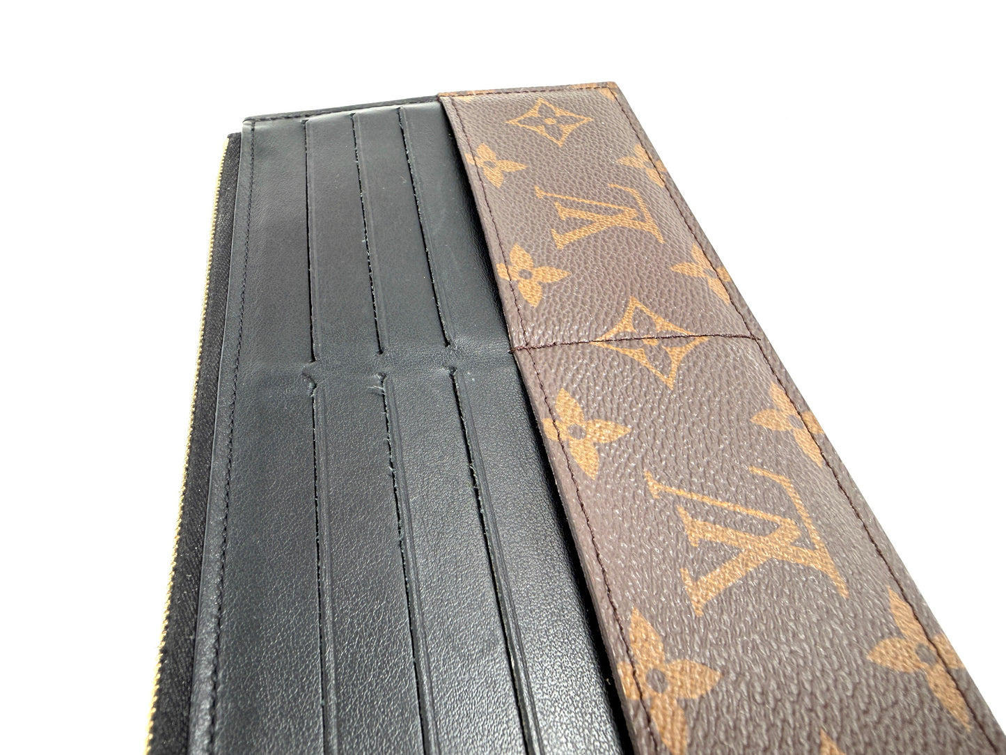 LOUIS VUITTON Slim Purse Brown Monogram Black Leather Zip Wallet