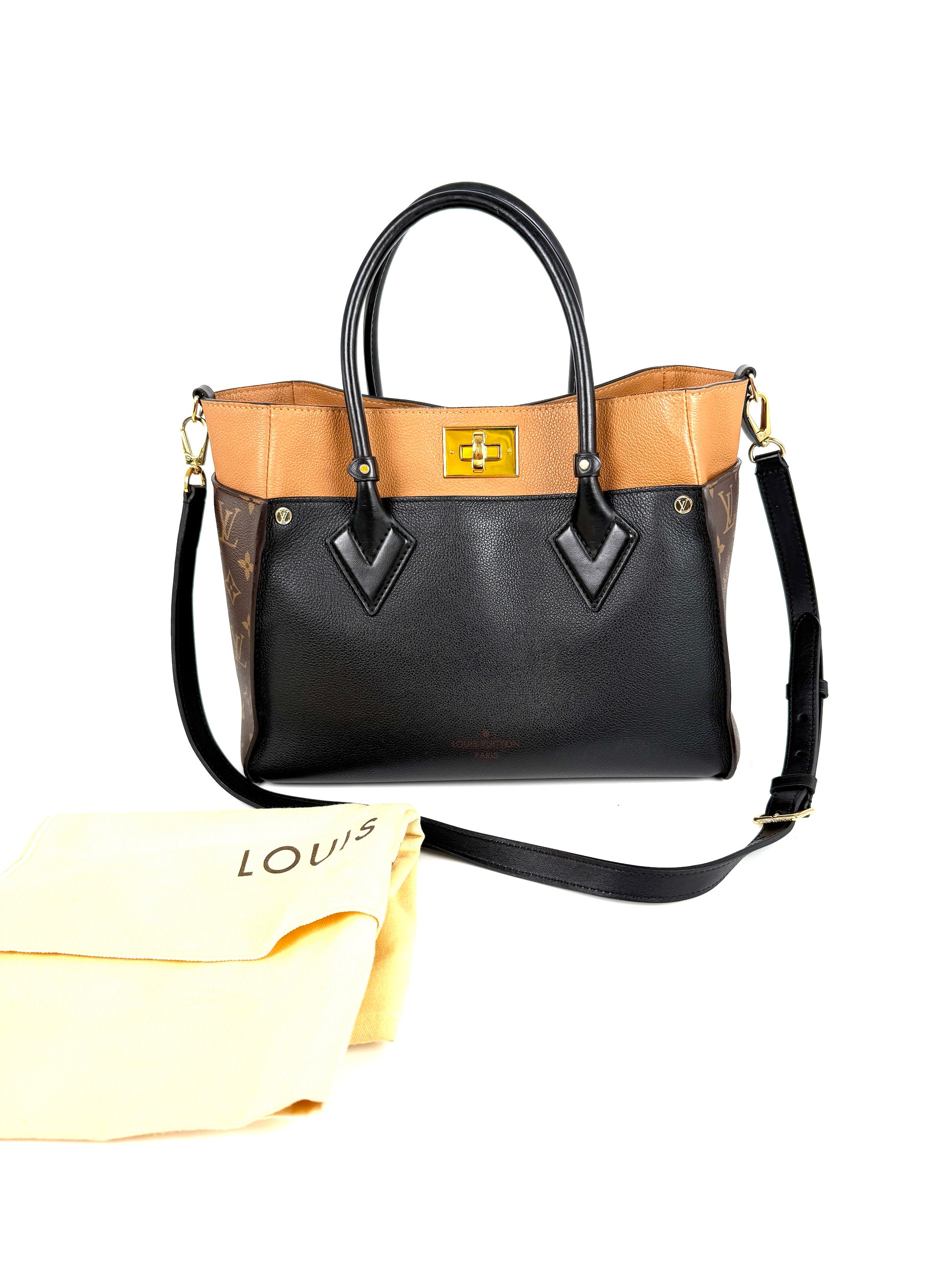 LOUIS VUITTON On My Side Black Brown Top Handle Crossbody Tote Bag MM