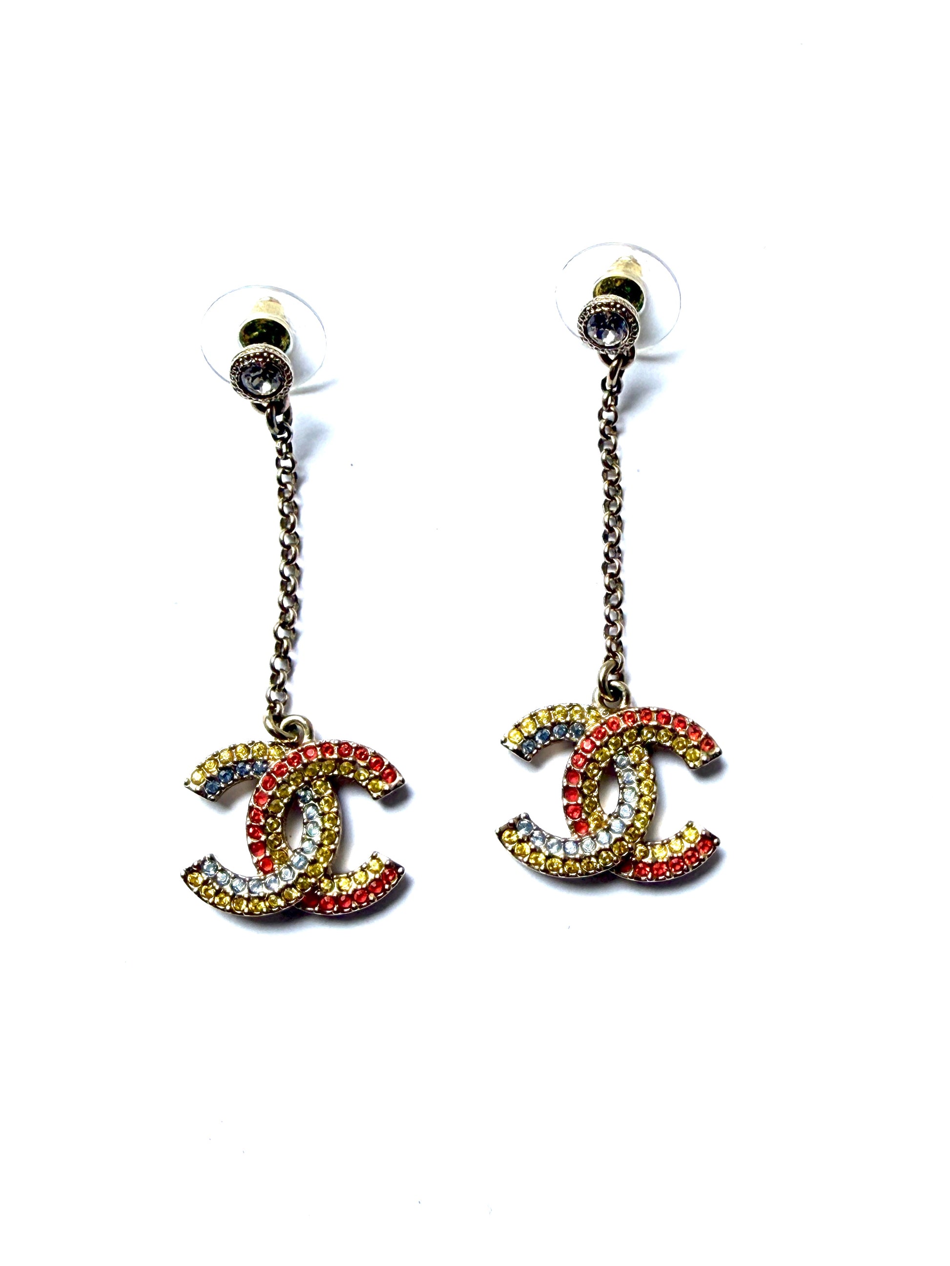 CHANEL CC Drop Multicolor Light Gold Strass Earrings