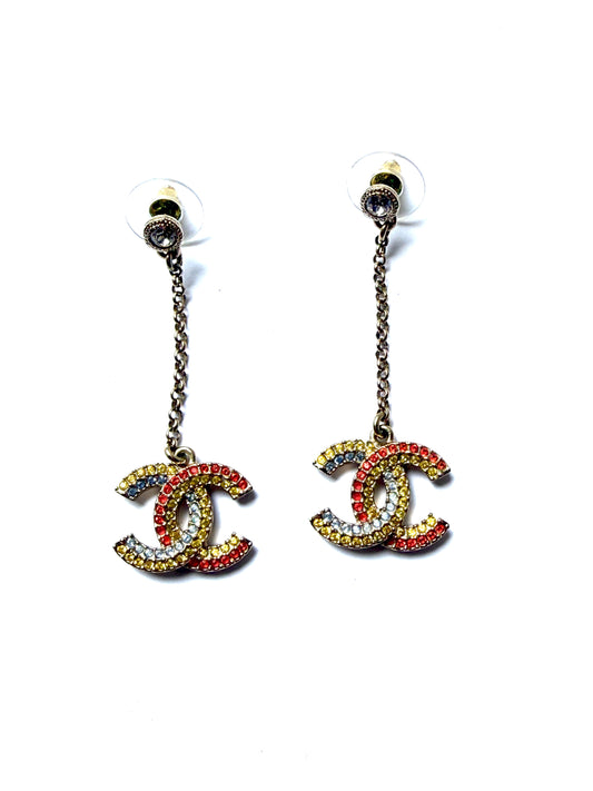 CHANEL CC Drop Multicolor Light Gold Strass Earrings
