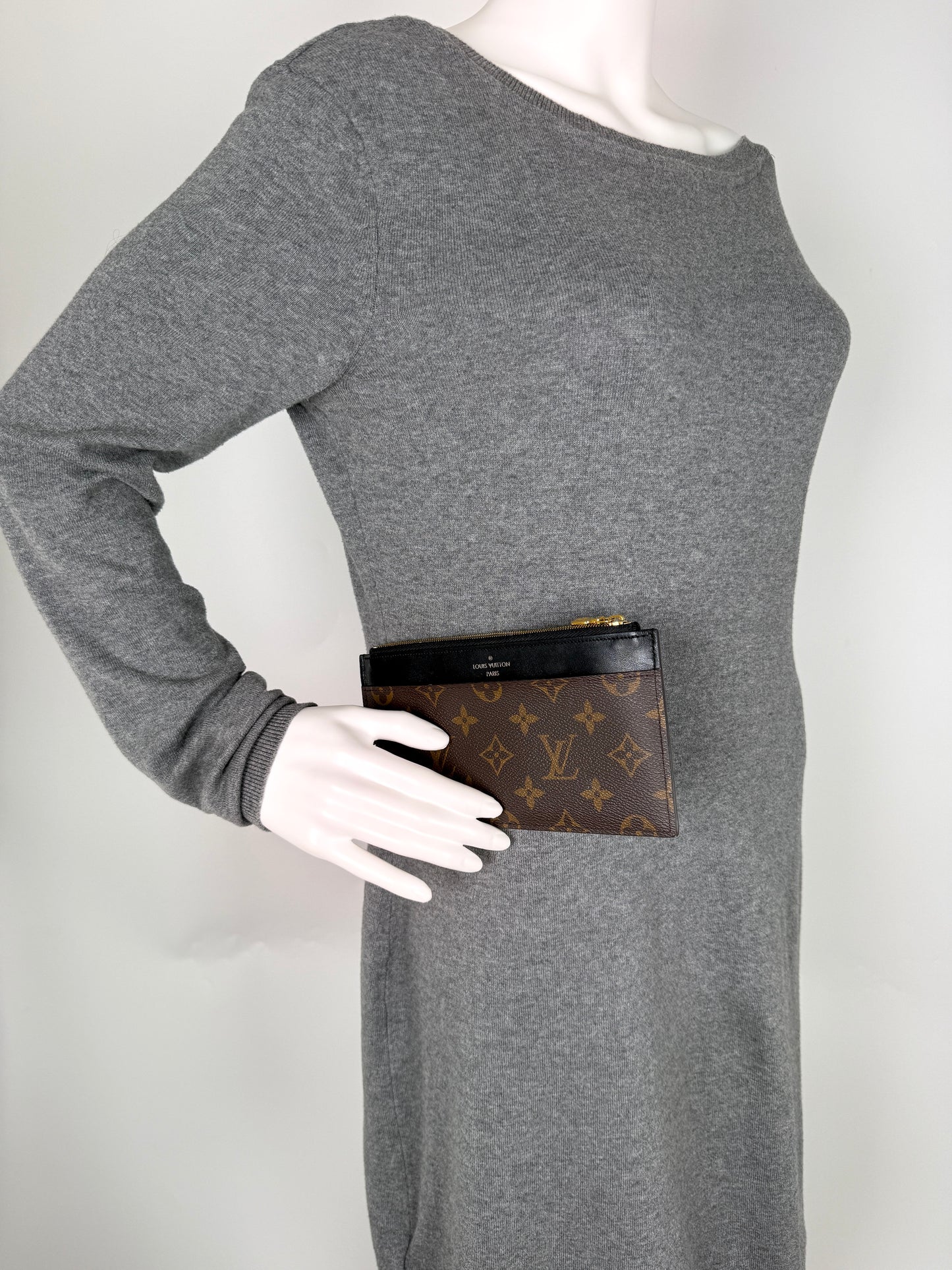 LOUIS VUITTON Slim Purse Brown Monogram Black Leather Zip Wallet