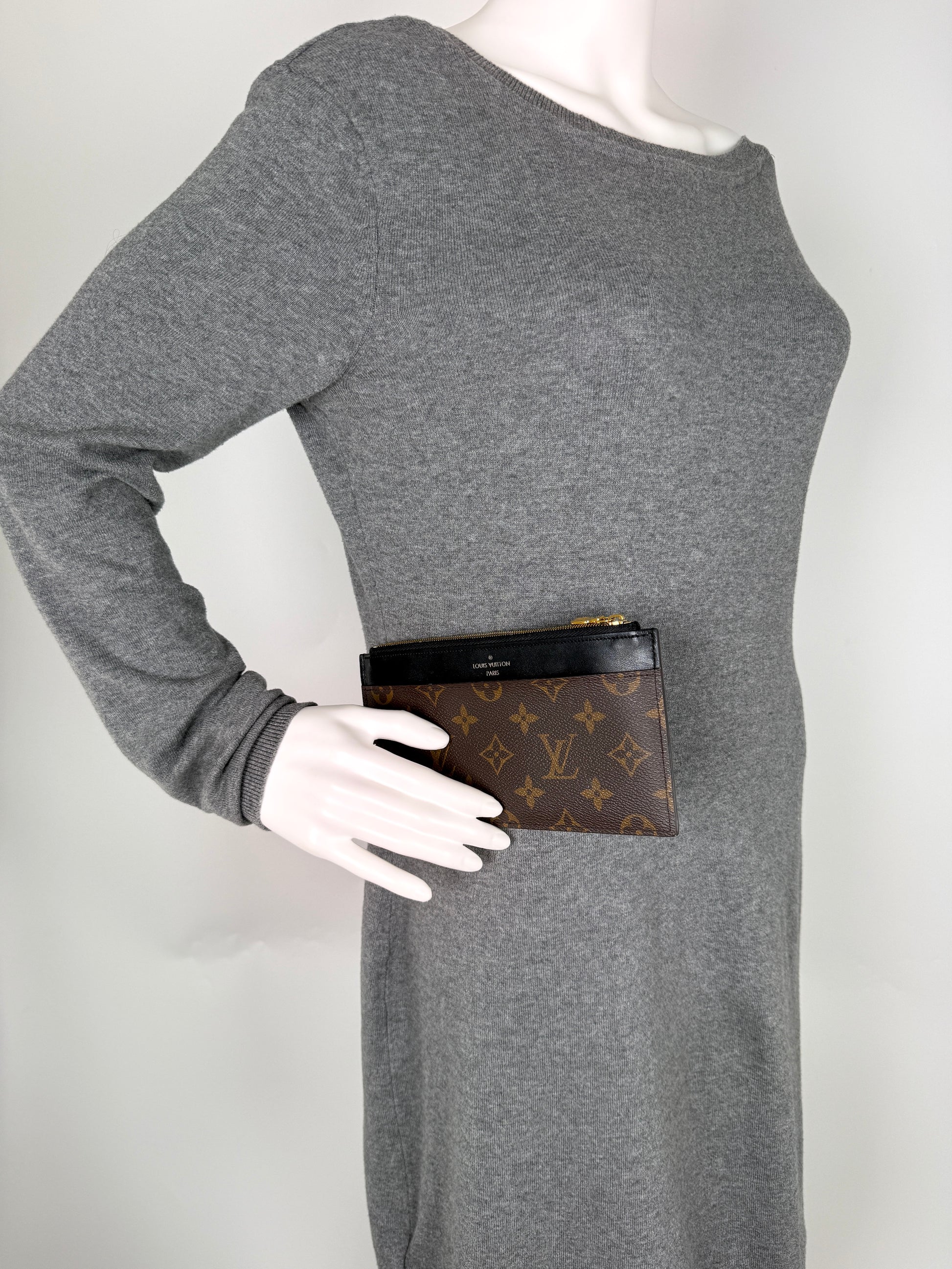 LOUIS VUITTON Slim Purse Brown Monogram Black Leather Zip Wallet