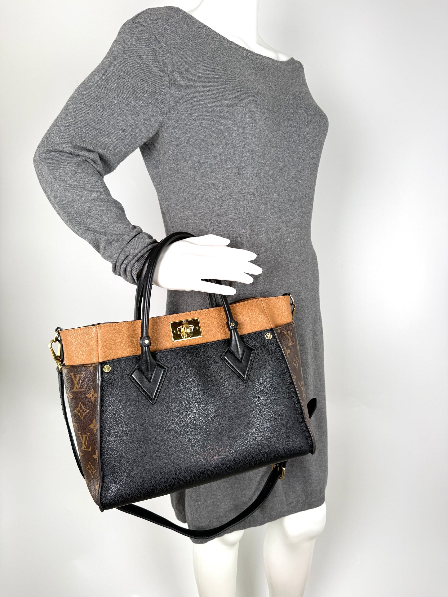 LOUIS VUITTON On My Side Black Brown Top Handle Crossbody Tote Bag MM