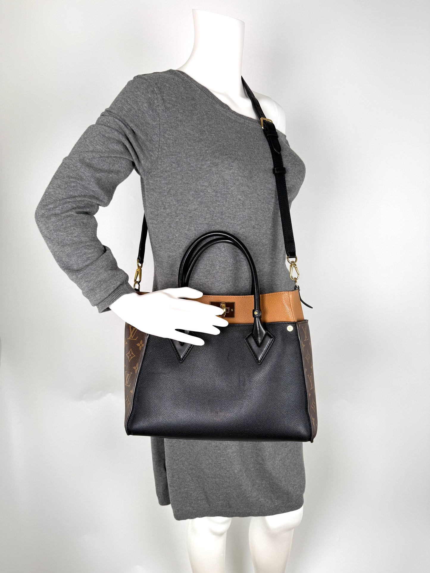 LOUIS VUITTON On My Side Black Brown Top Handle Crossbody Tote Bag MM