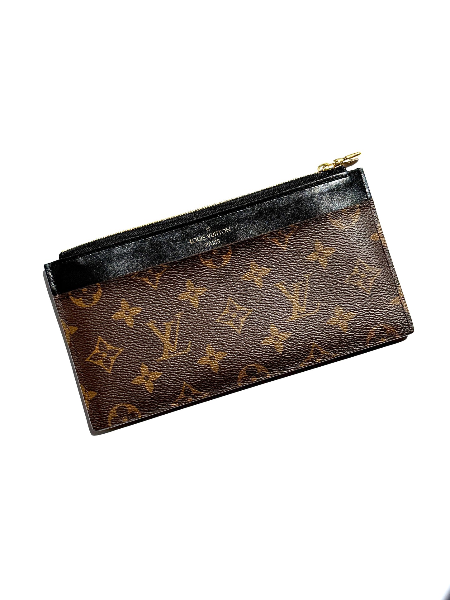 LOUIS VUITTON Slim Purse Brown Monogram Black Leather Zip Wallet