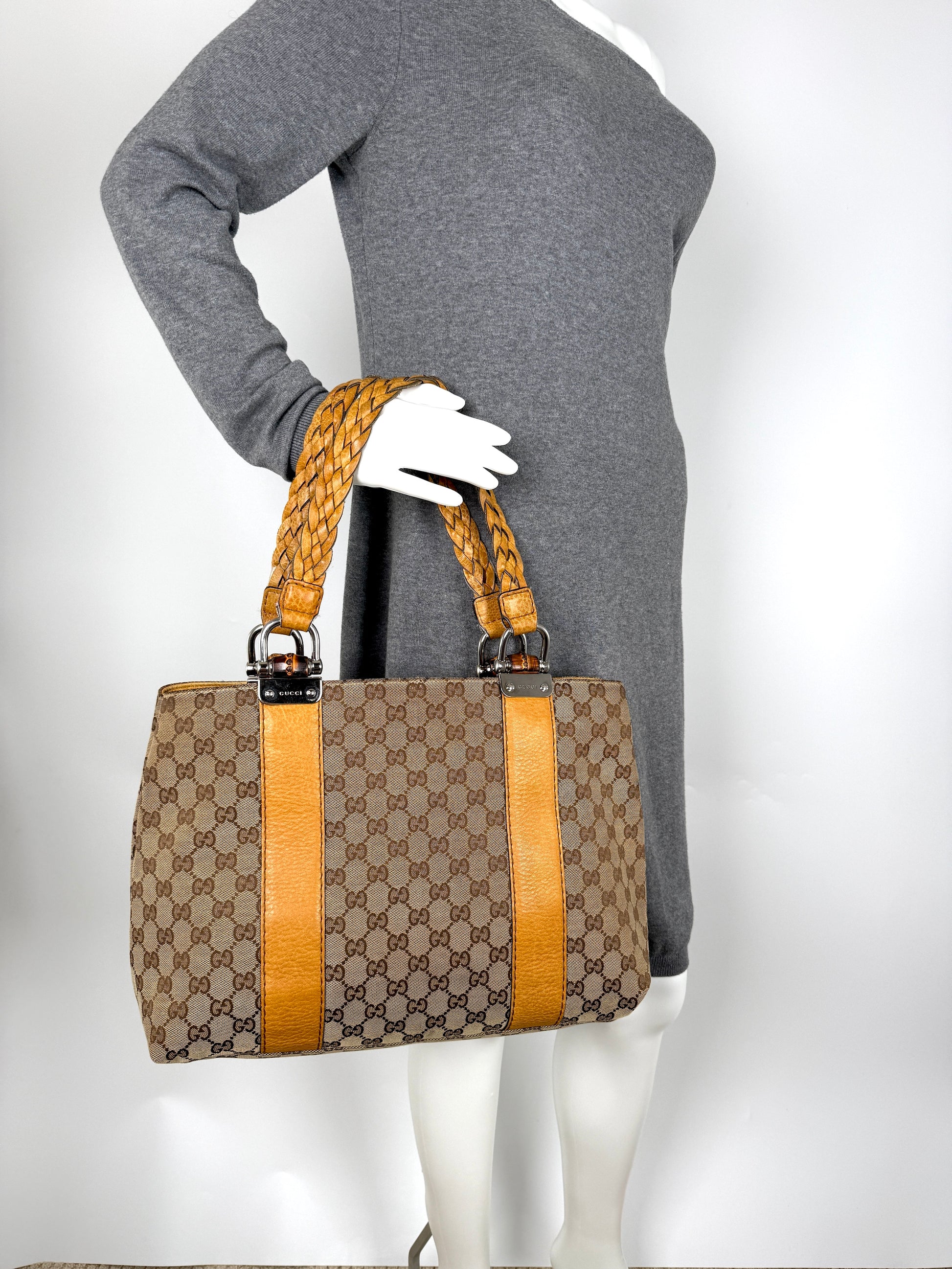 GUCCI Vintage Libeccio GG Canvas Bamboo Brown Tan Tote Bag