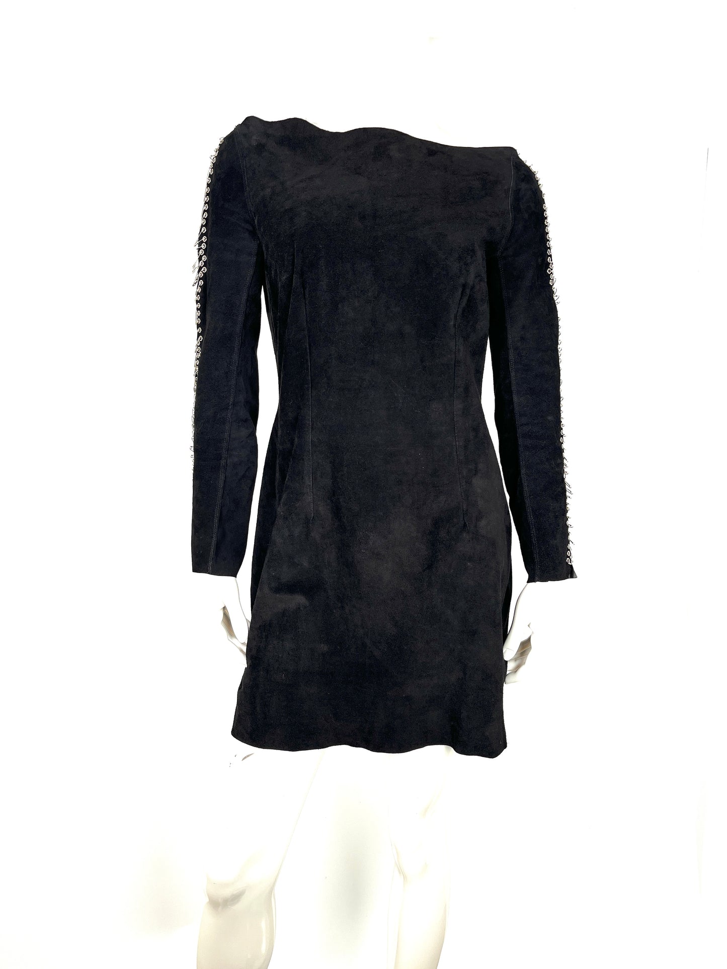 BALMAIN Safety Pin Black Suede Mini Long Sleeve Dress 42 6