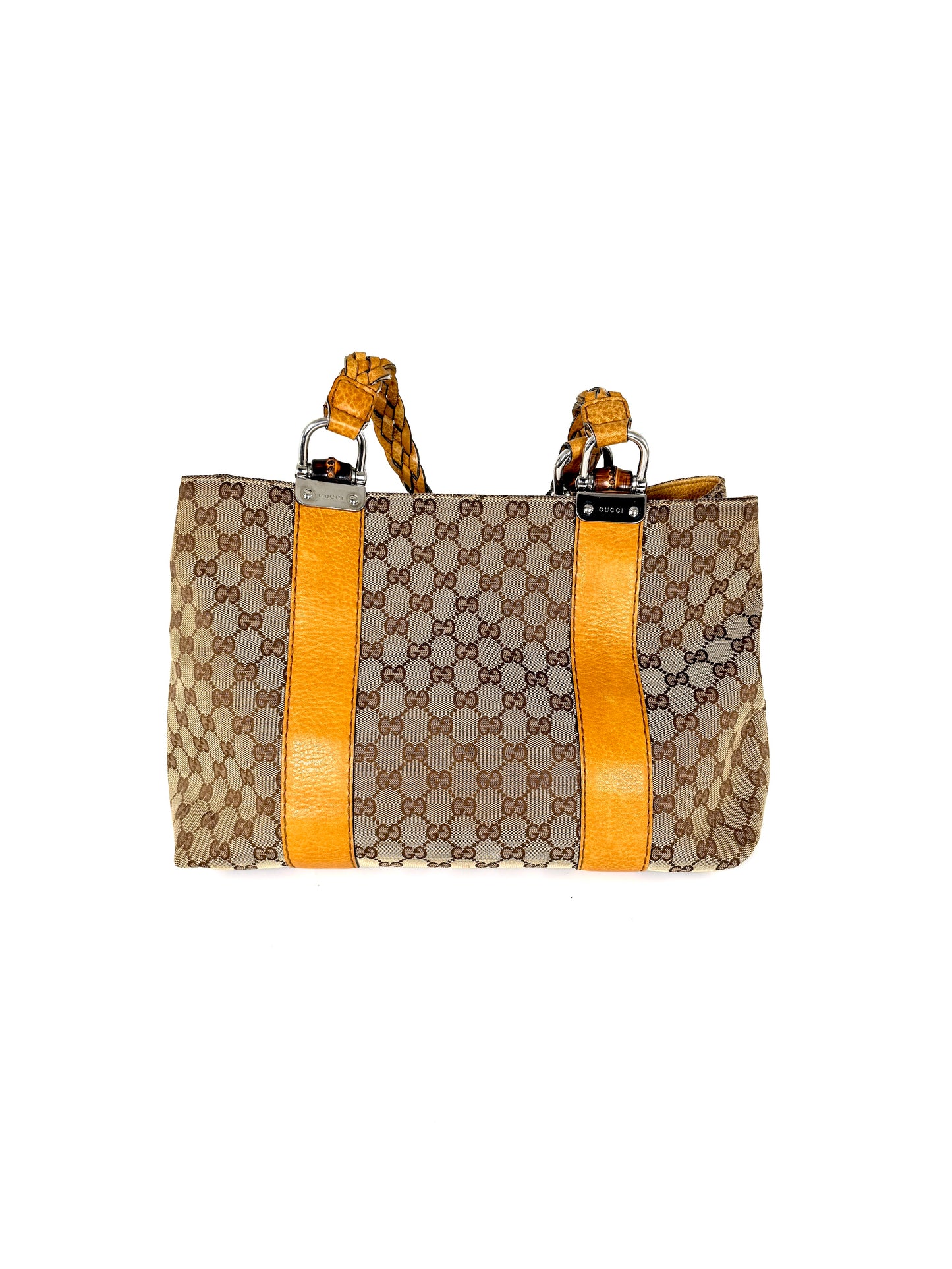 GUCCI Vintage Libeccio GG Canvas Bamboo Brown Tan Tote Bag
