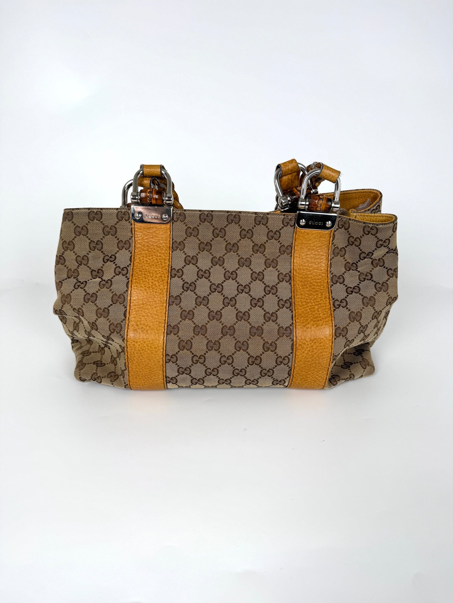 GUCCI Vintage Libeccio GG Canvas Bamboo Brown Tan Tote Bag