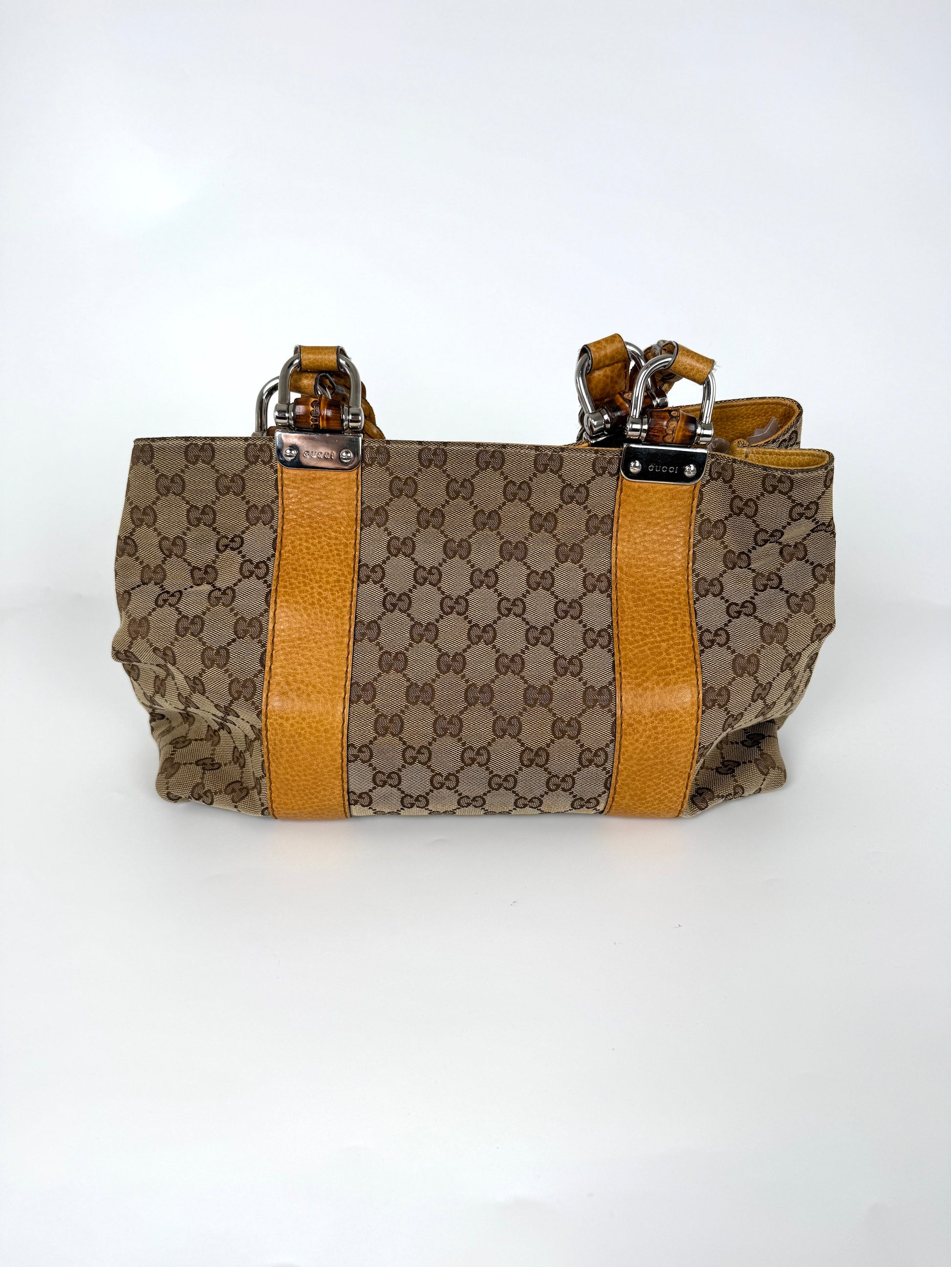 GUCCI Vintage Libeccio GG Canvas Bamboo Brown Tan Tote Bag