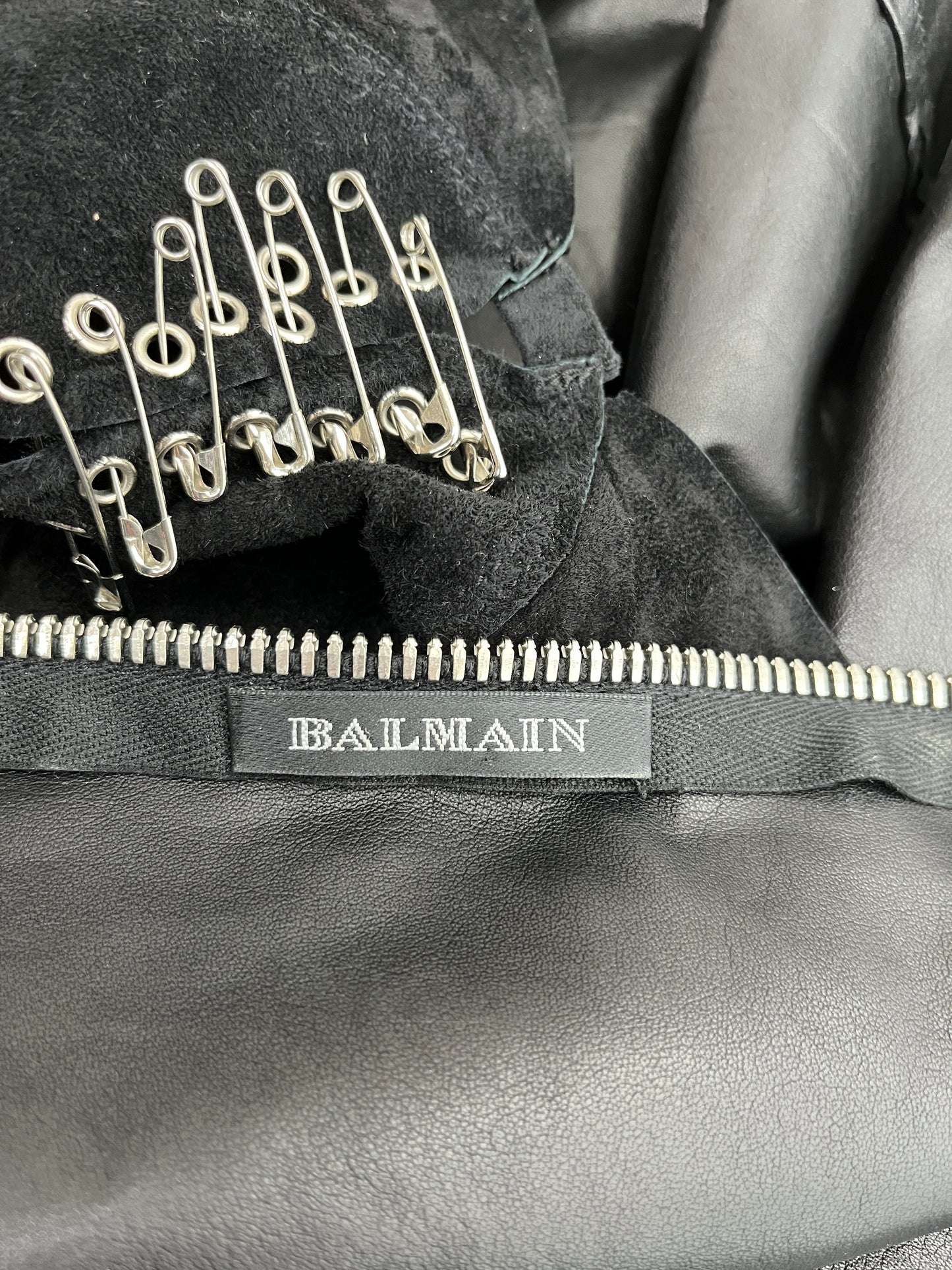 BALMAIN Safety Pin Black Suede Mini Long Sleeve Dress 42 6