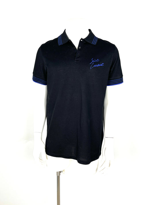 SAINT LAURENT Cotton Collared Short Sleeved Black Blue Logo Polo Shirt Top L