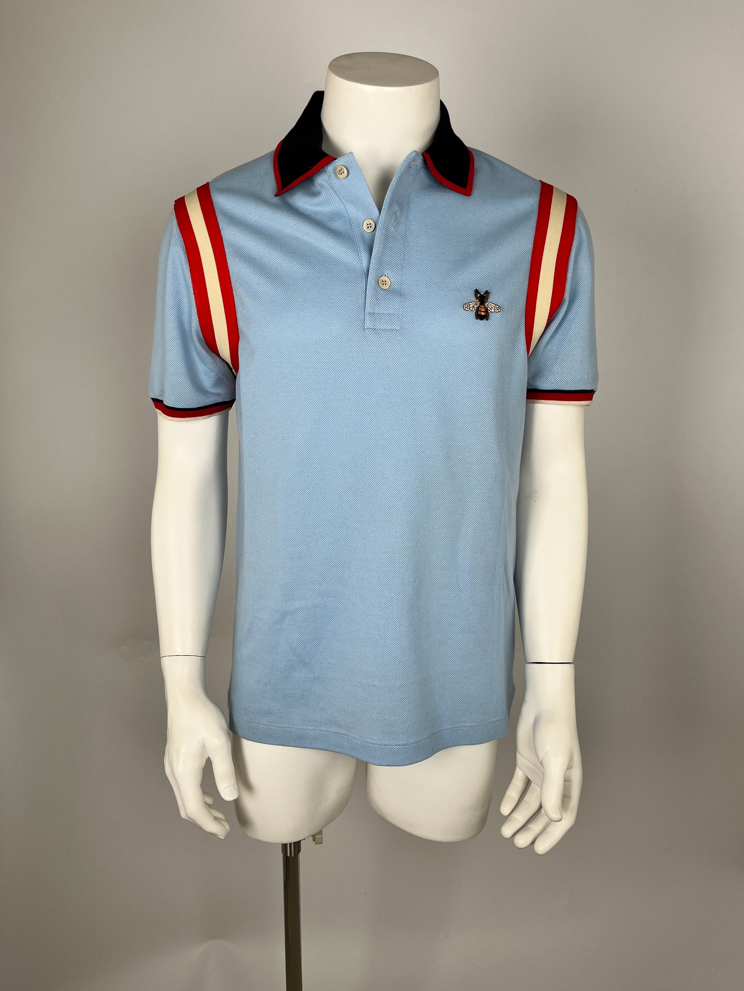 GUCCI Men s Cotton Collared Short Sleeved Web Blue Red Bee Polo Shirt Top L