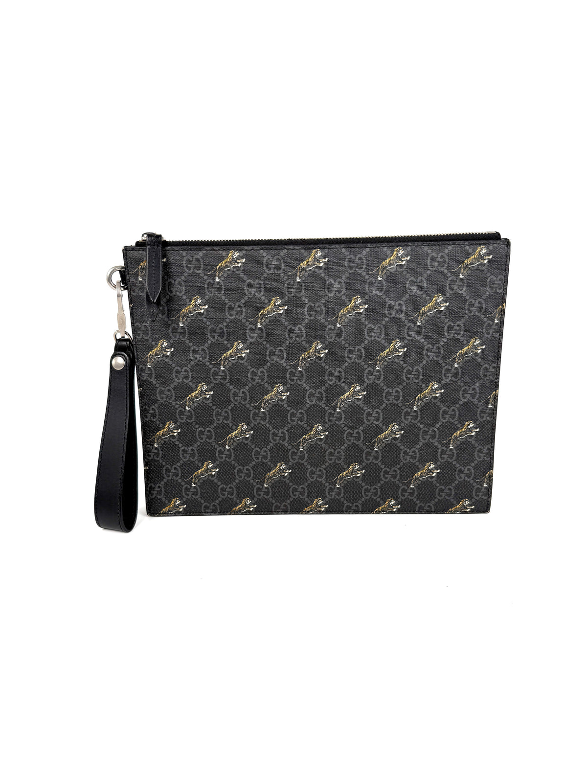 GUCCI Black Tiger Print Gucci GG Supreme Canvas Leather Pouch Clutch Wristlet