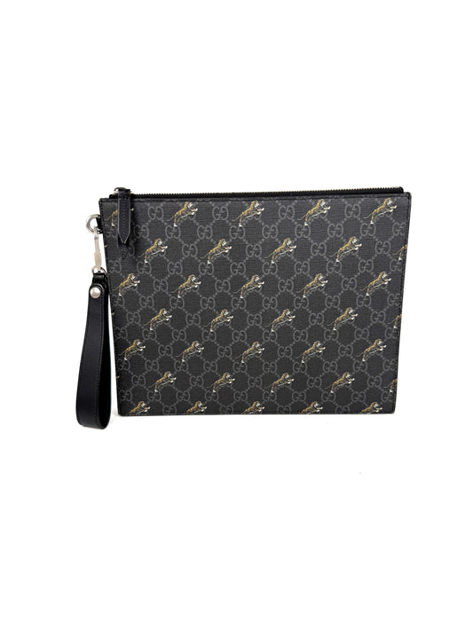 GUCCI Black Tiger Print Gucci GG Supreme Canvas Leather Pouch Clutch Wristlet
