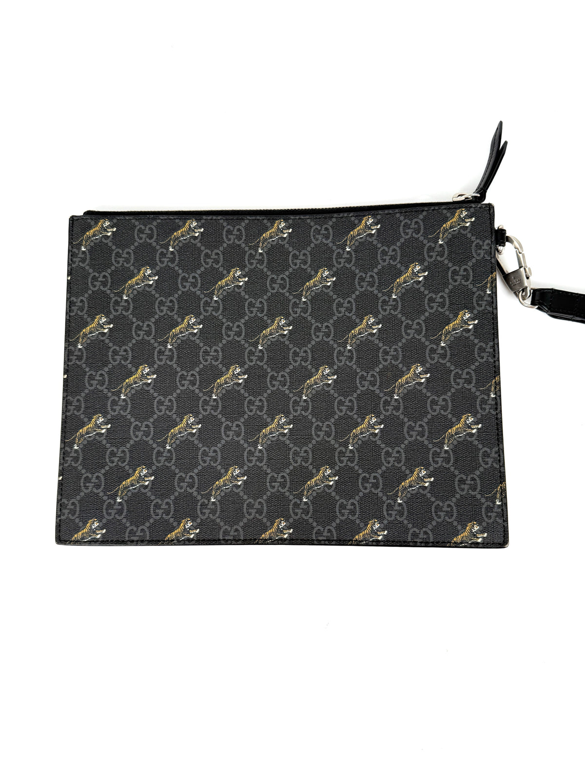 GUCCI Black Tiger Print Gucci GG Supreme Canvas Leather Pouch Clutch Wristlet