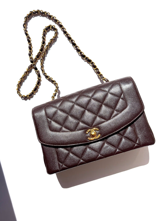 Vintage CHANEL Diana Medium Brown Caviar Quilted Leather Crossbody Flap Bag