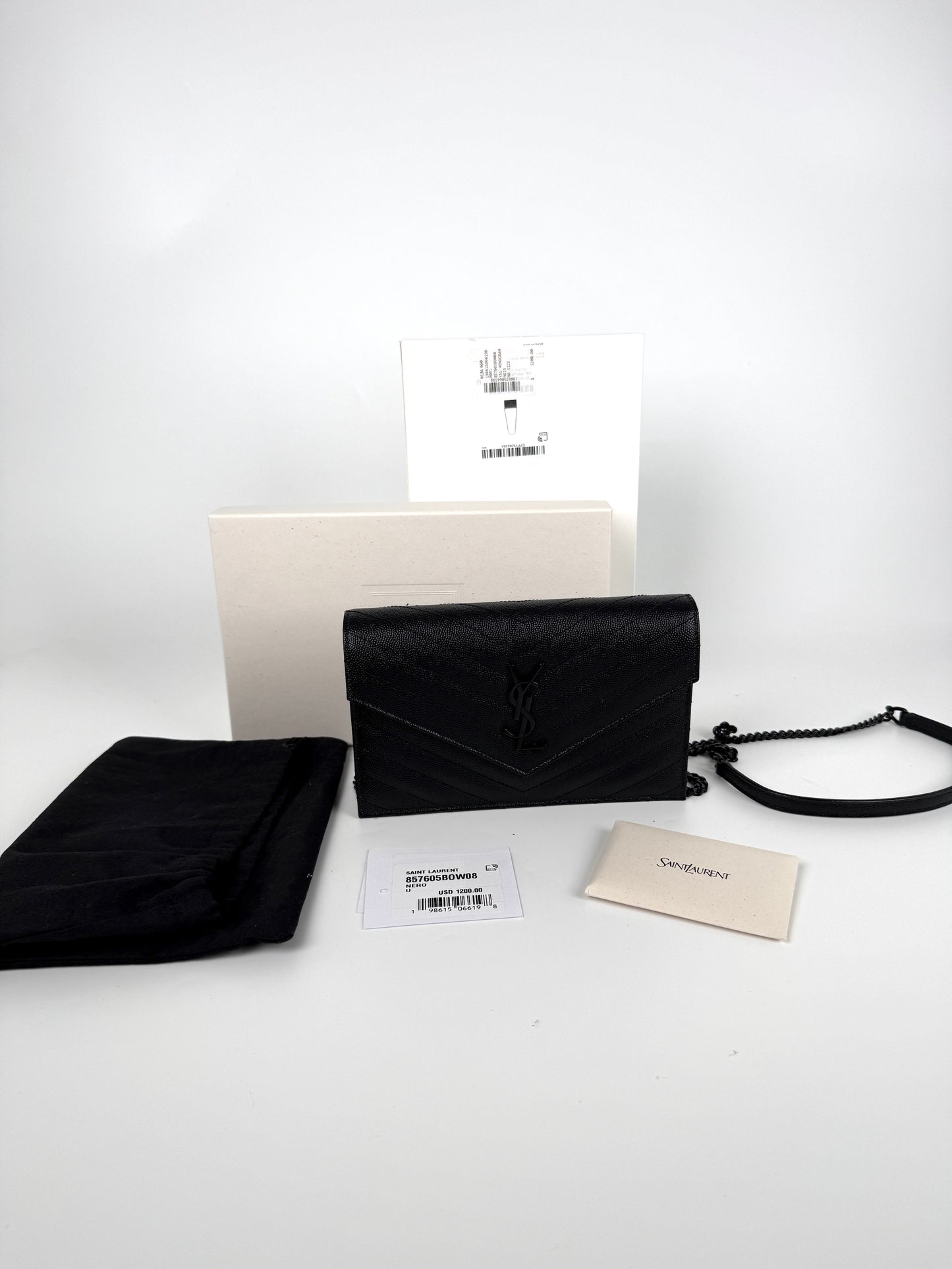 Saint Laurent YSL Cassandre Envelope Monogram So Black Chain Wallet Grain de Poudre Crossbody Bag New