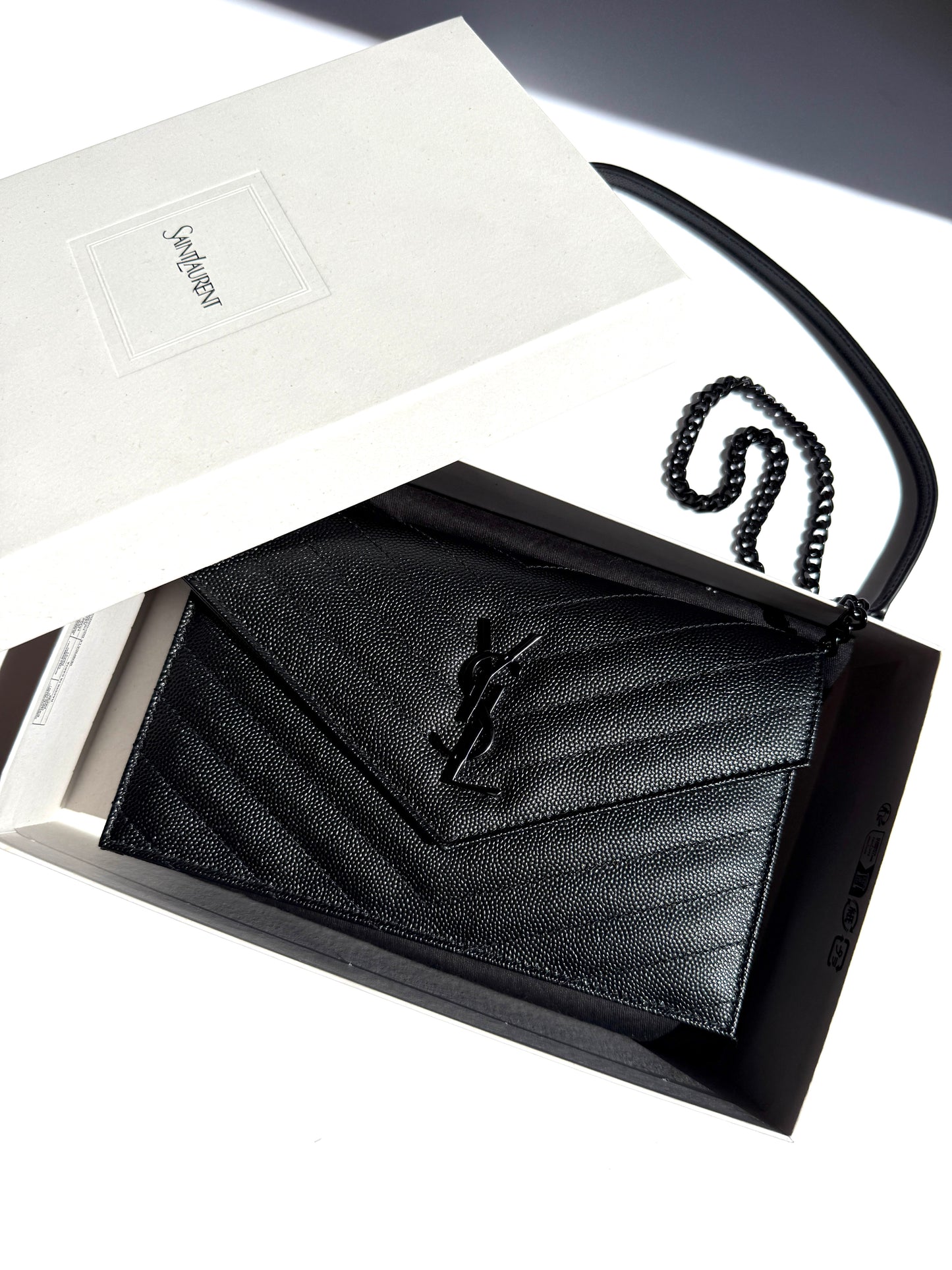 Saint Laurent YSL Cassandre Envelope Monogram So Black Chain Wallet Grain de Poudre Crossbody Bag New