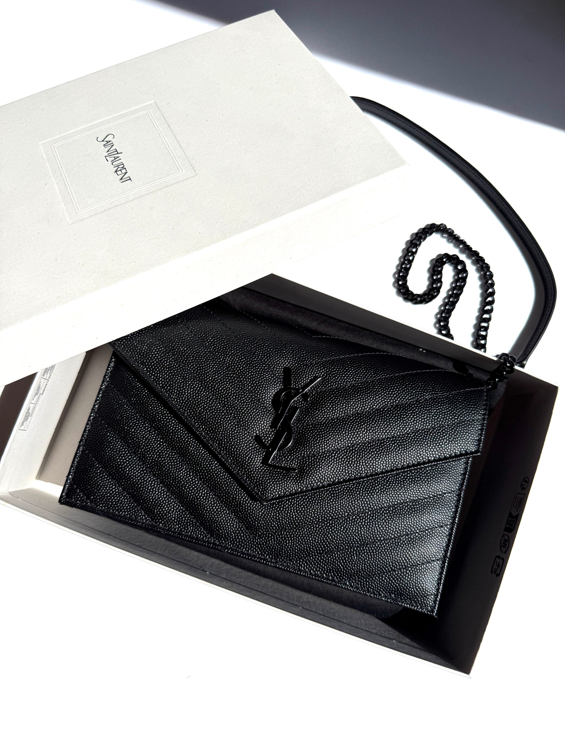 Saint Laurent YSL Cassandre Envelope Monogram So Black Chain Wallet Grain de Poudre Crossbody Bag New