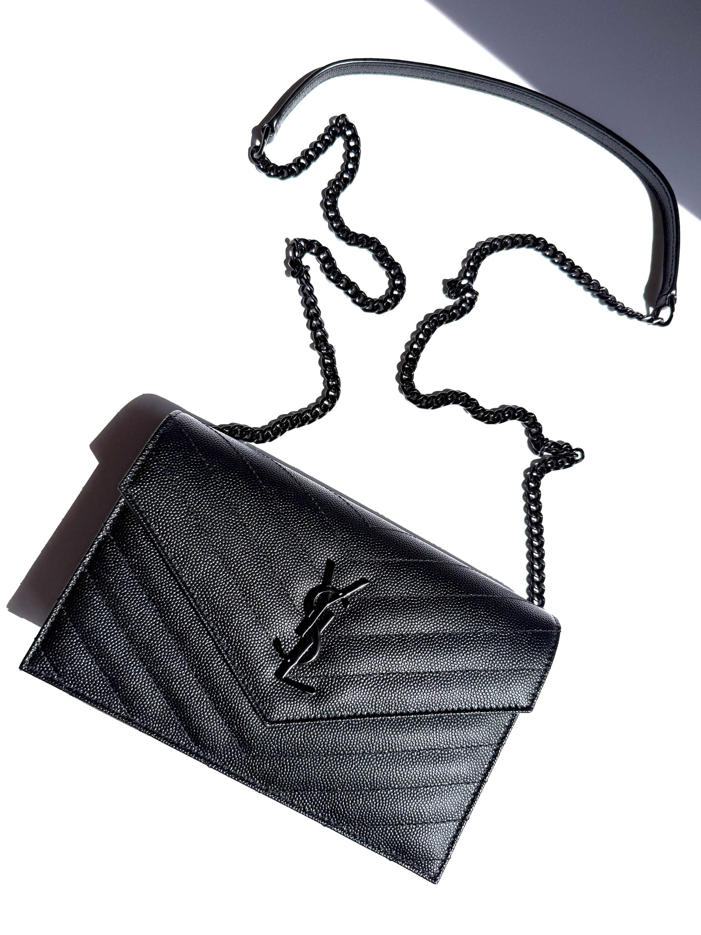 Saint Laurent YSL Cassandre Envelope Monogram So Black Chain Wallet Grain de Poudre Crossbody Bag New