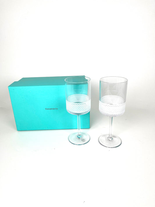 New Tiffany & Co Diamond Point Crystal Wine Glasses Set of 2