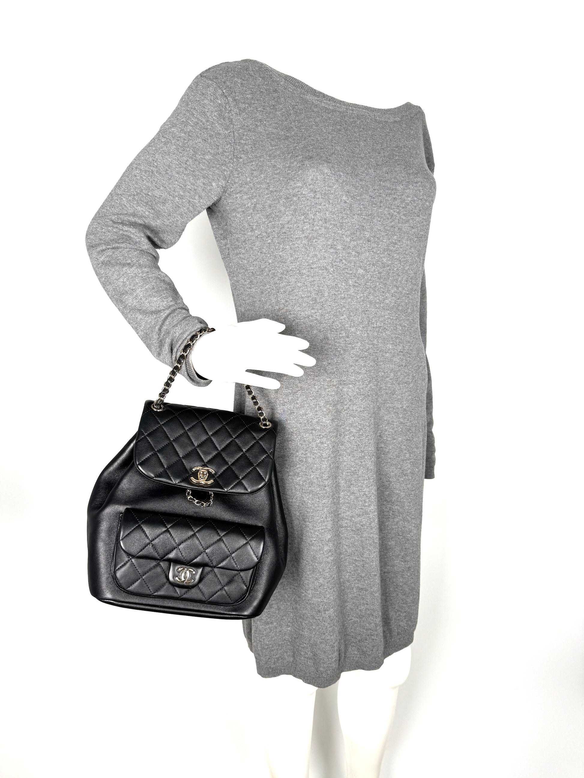 CHANEL Small Duma Black Quilted CC Leather Drawstring Backpack Bag