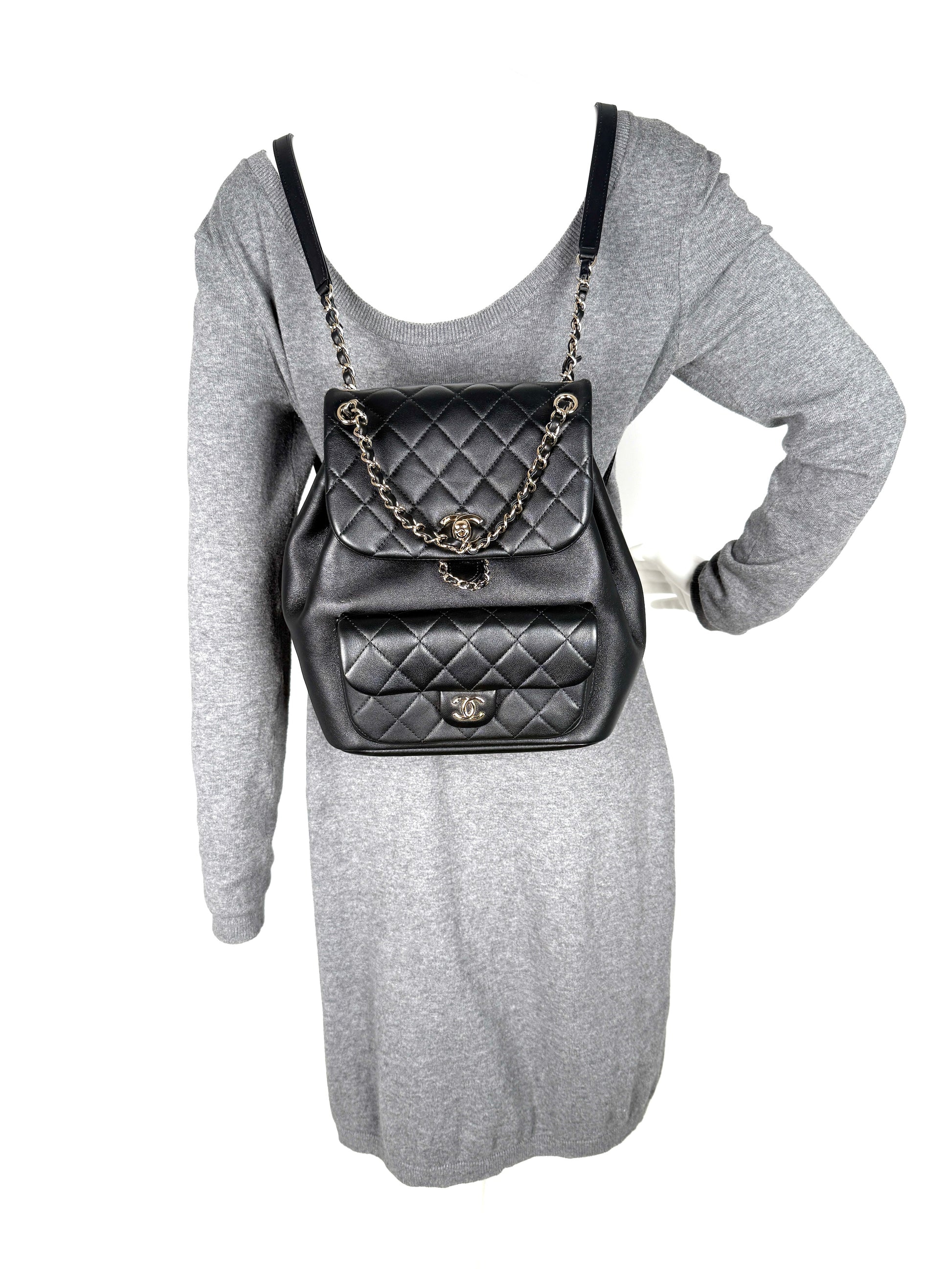 black and white quilted leather backpack CHANEL Small Duma Black Quilted CC Leather Drawstring Backpack Bag – Fashion Reloved