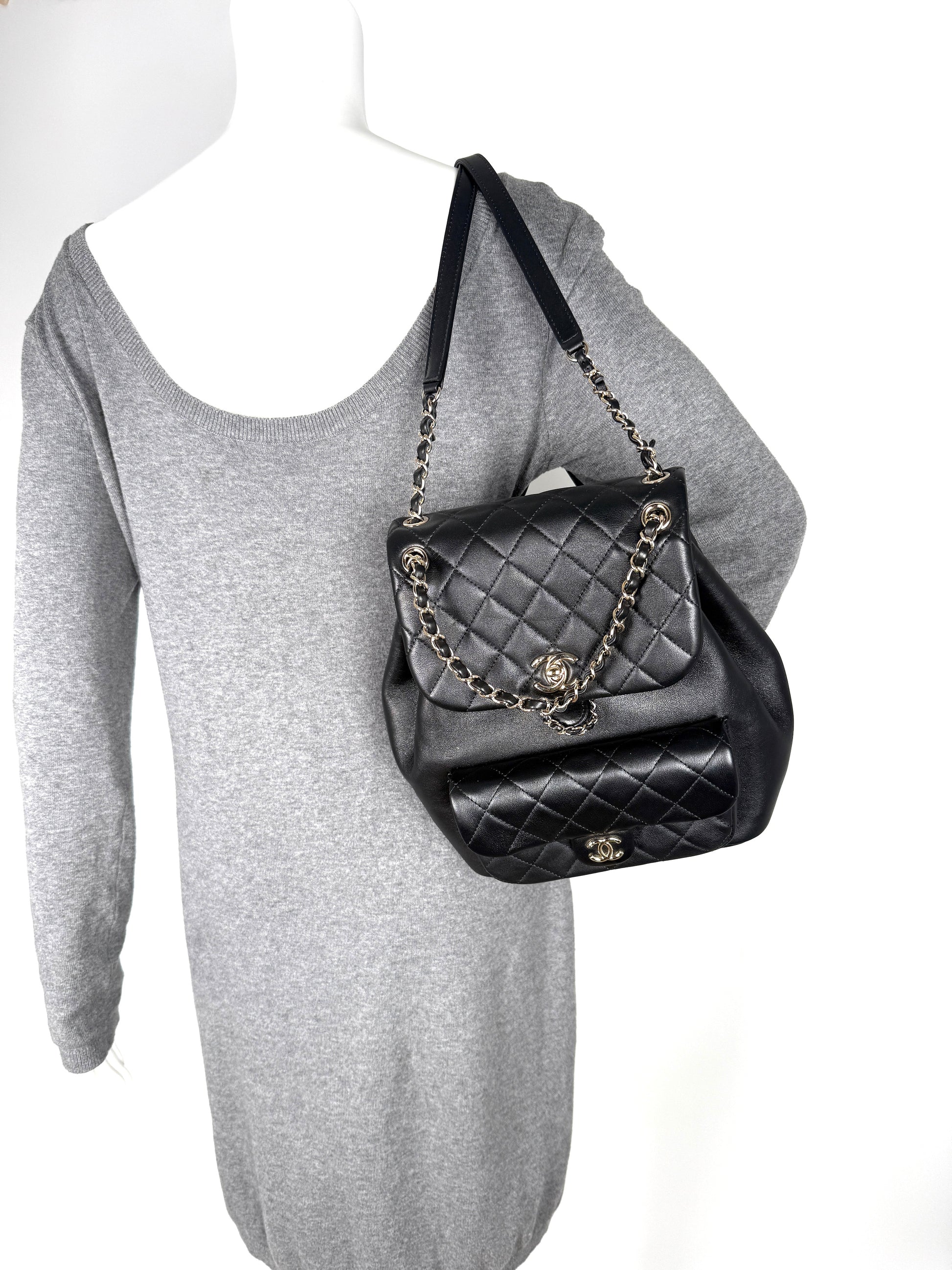 chanel mini leather backpack CHANEL Small Duma Black Quilted CC Leather Drawstring Backpack Bag – Fashion Reloved