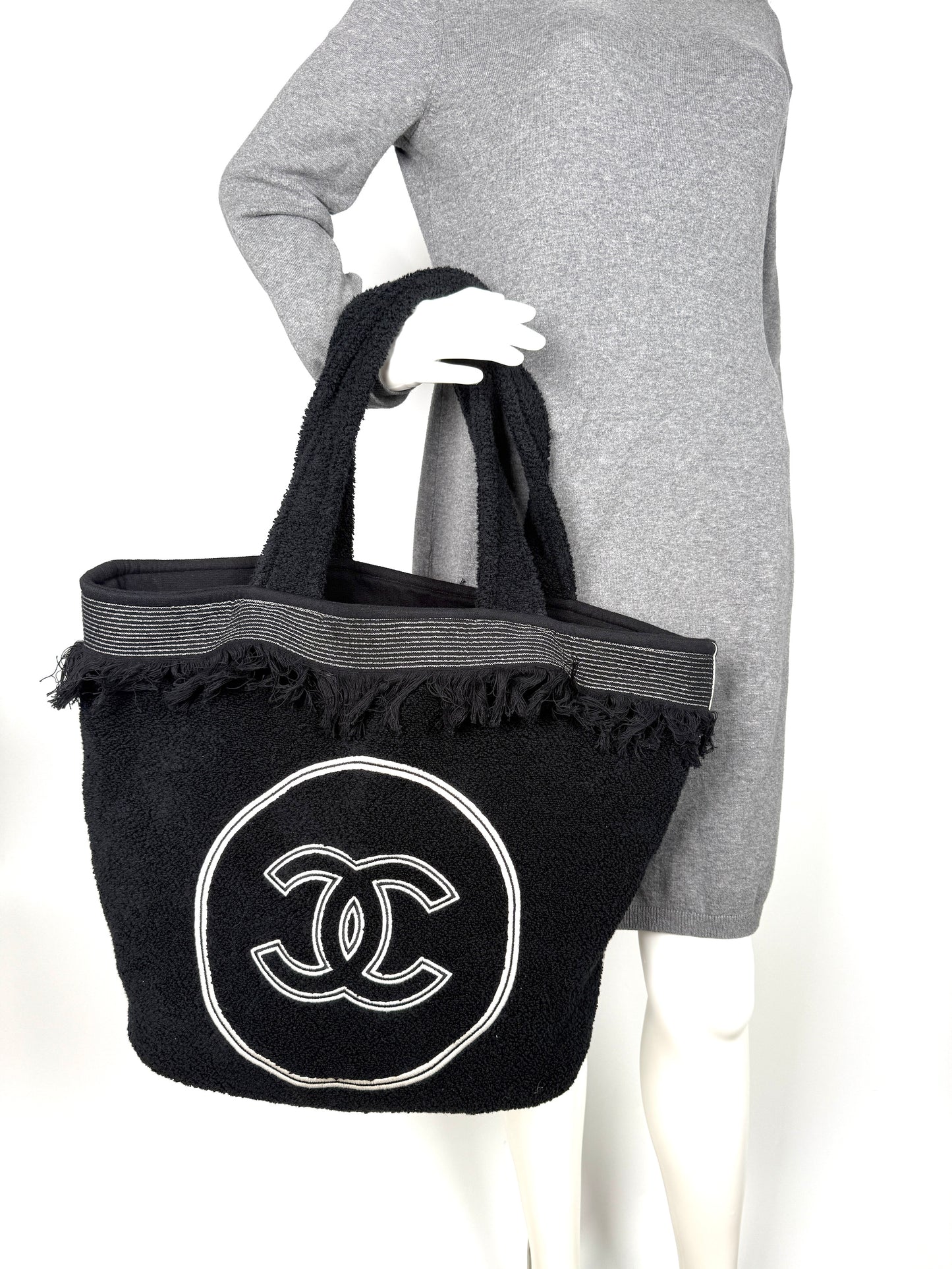 CHANEL Terry Cotton Fringe CC Logo Black Ecru Beach Shopping Tote with Pouch and Towel