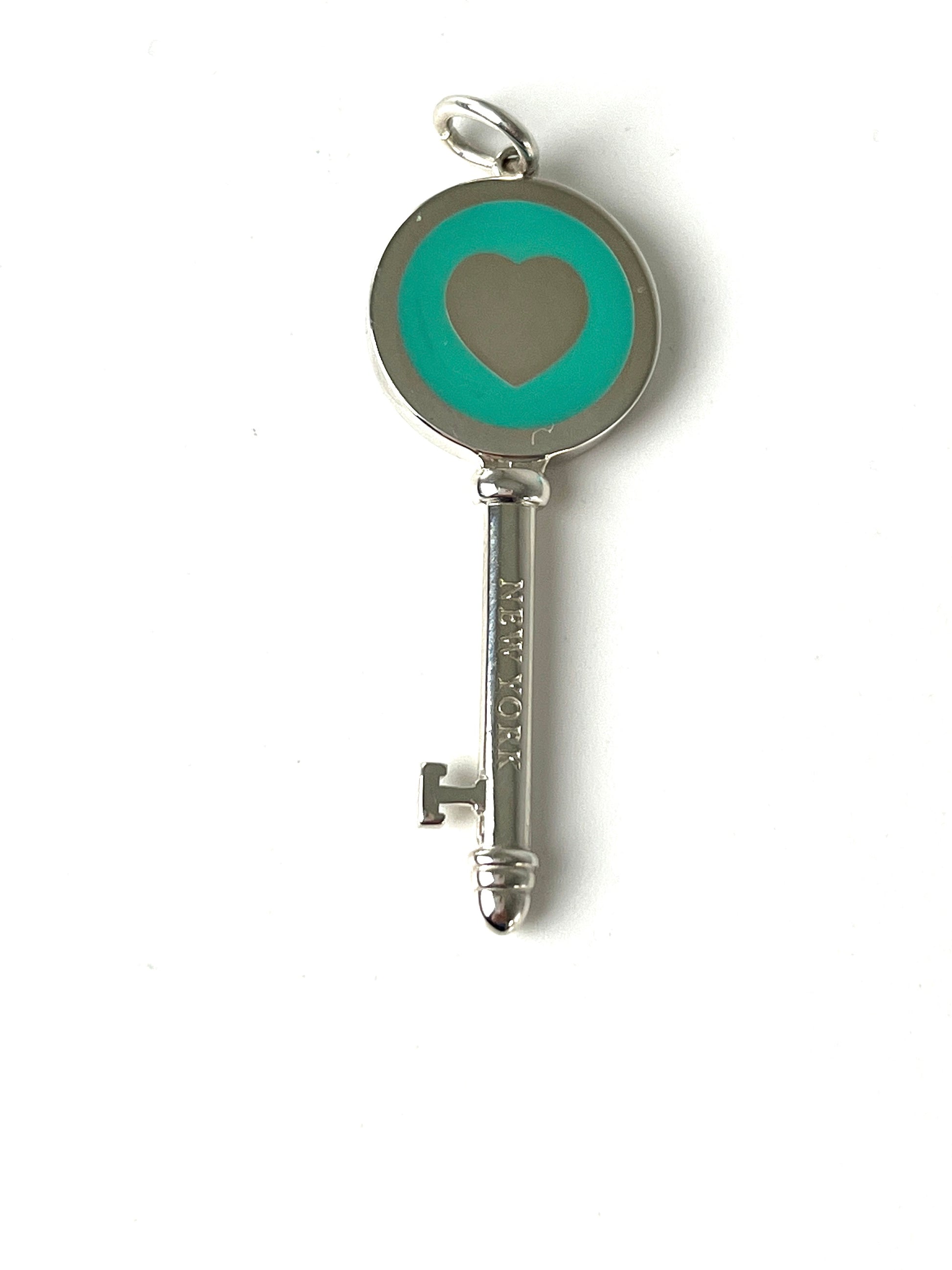 Tiffany Co Key Enamel Blue Heart Sterling Silver Tag Charm