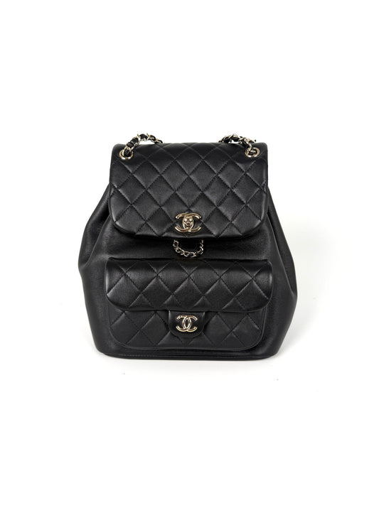 CHANEL Small Duma Black Quilted CC Leather Drawstring Backpack Bag Designer consignment
