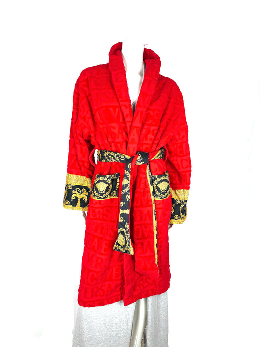 Versace Medusa heart Baroque Insignia Red Gold Black Printed Bath Robe Unisex M
