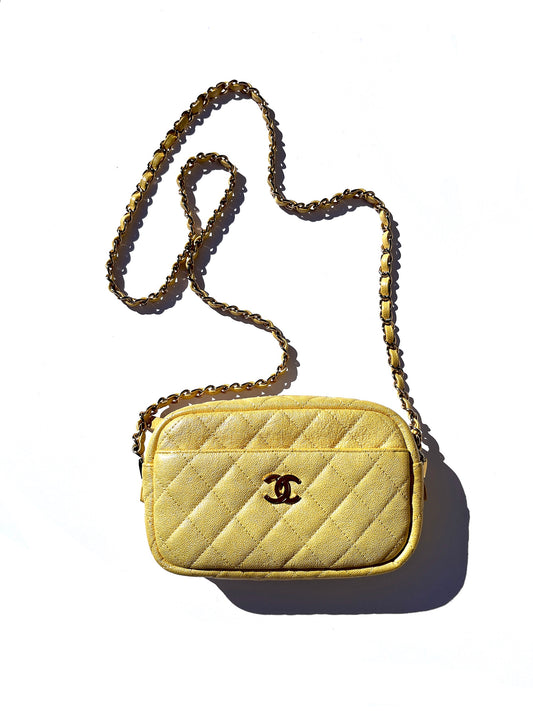 CHANEL Iridescent Yellow Caviar Leather Camera Case Crossbody Bag
