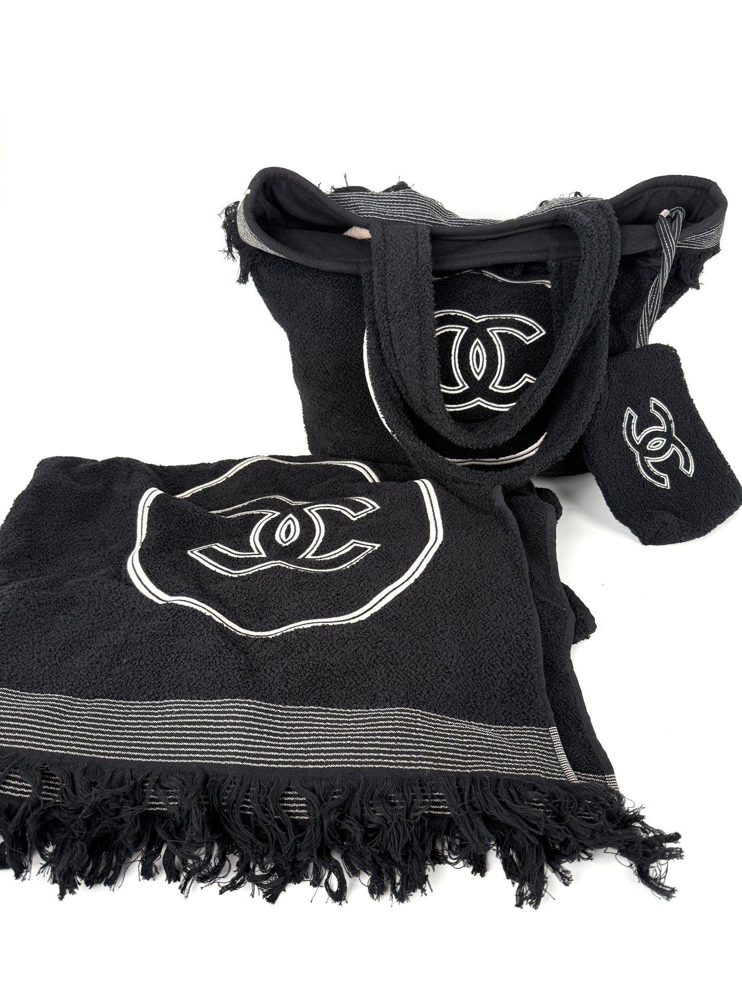 CHANEL Terry Cotton Fringe CC Logo Black Ecru Beach Shopping Tote with Pouch and Towel Designer consignment 