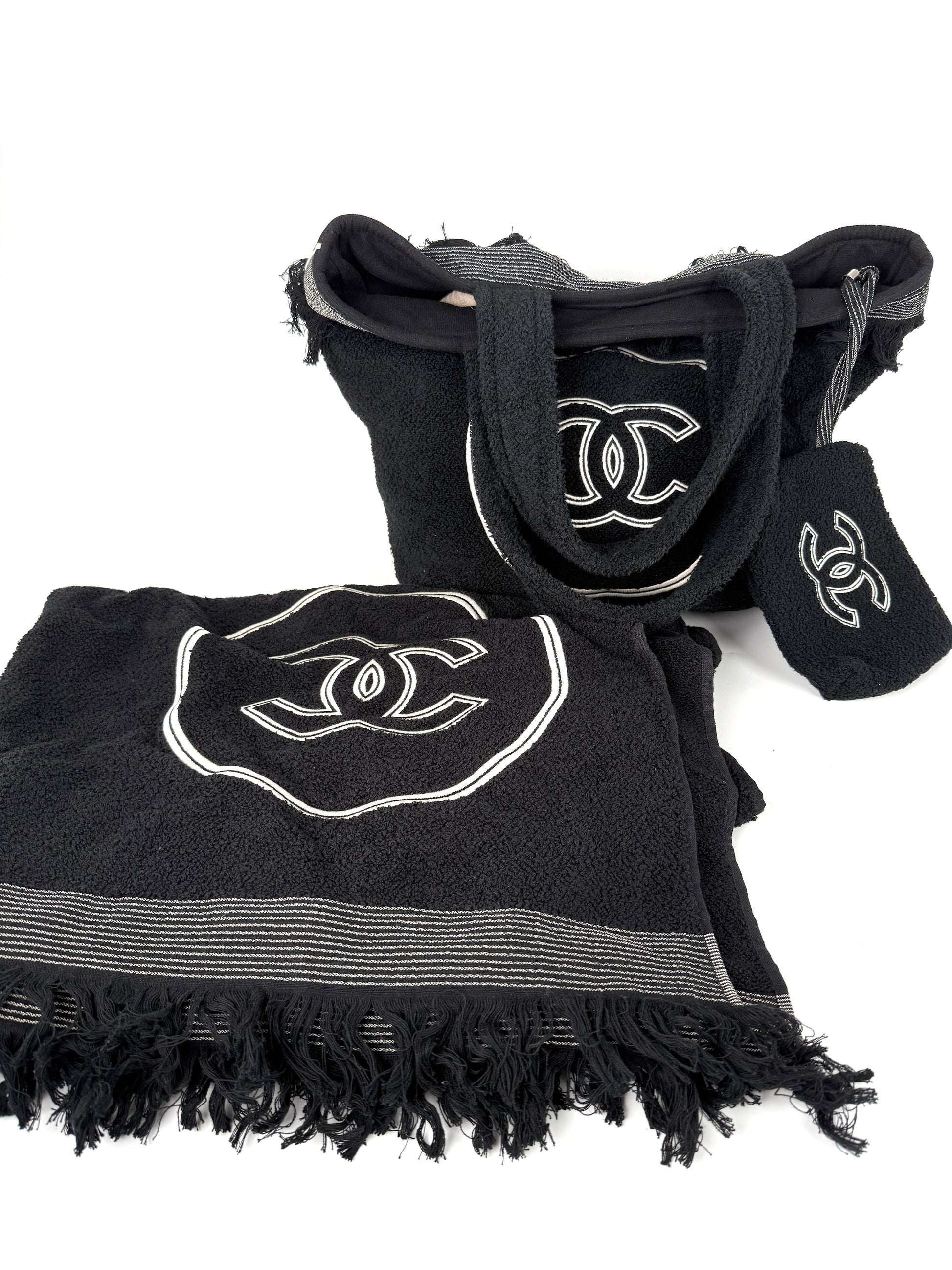 CHANEL Terry Cotton Fringe CC Logo Black Ecru Beach Shopping Tote with Pouch and Towel Designer consignment 