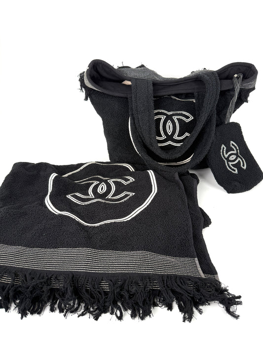 CHANEL Terry Cotton Fringe CC Logo Black Ecru Beach Shopping Tote with Pouch and Towel Designer consignment 