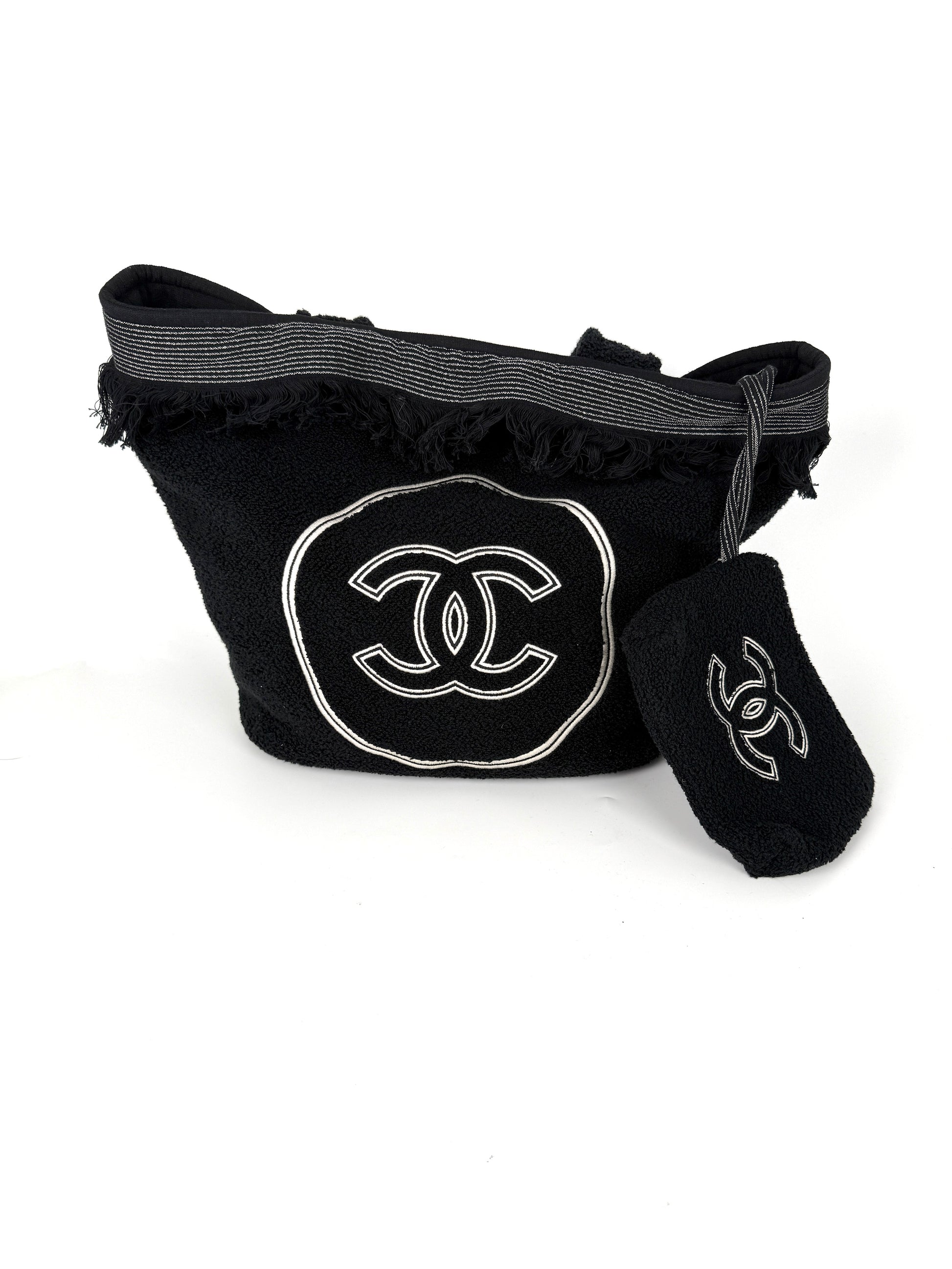 CHANEL Terry Cotton Fringe CC Logo Black Ecru Beach Shopping Tote with Pouch and Towel