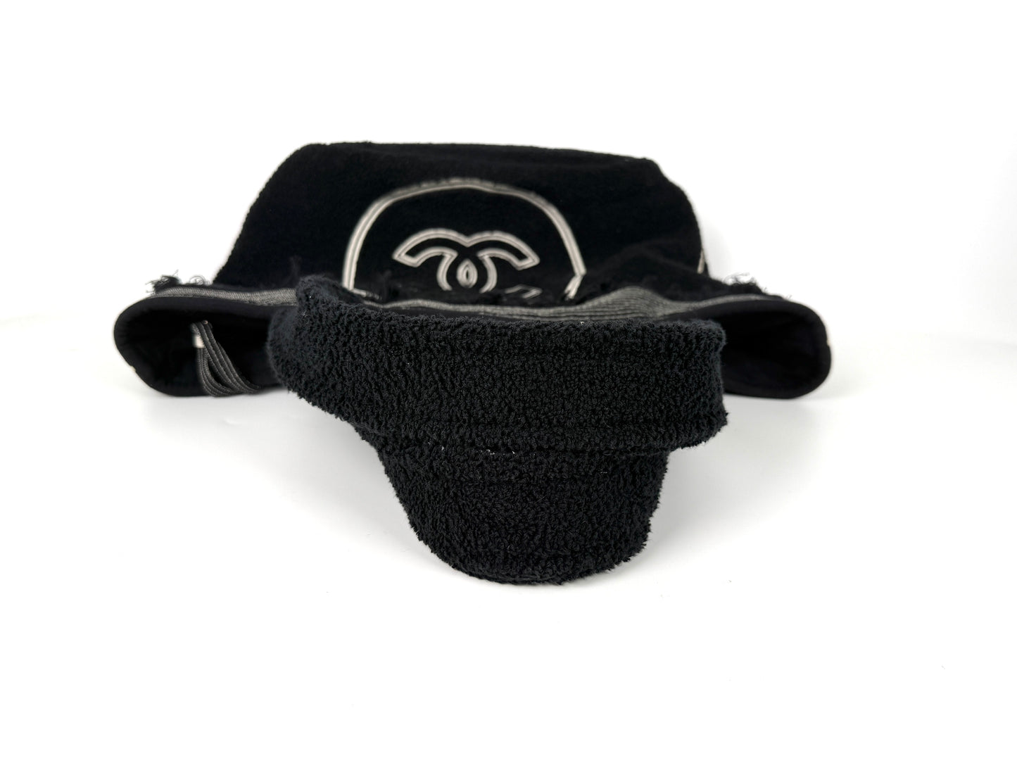 CHANEL Terry Cotton Fringe CC Logo Black Ecru Beach Shopping Tote with Pouch and Towel