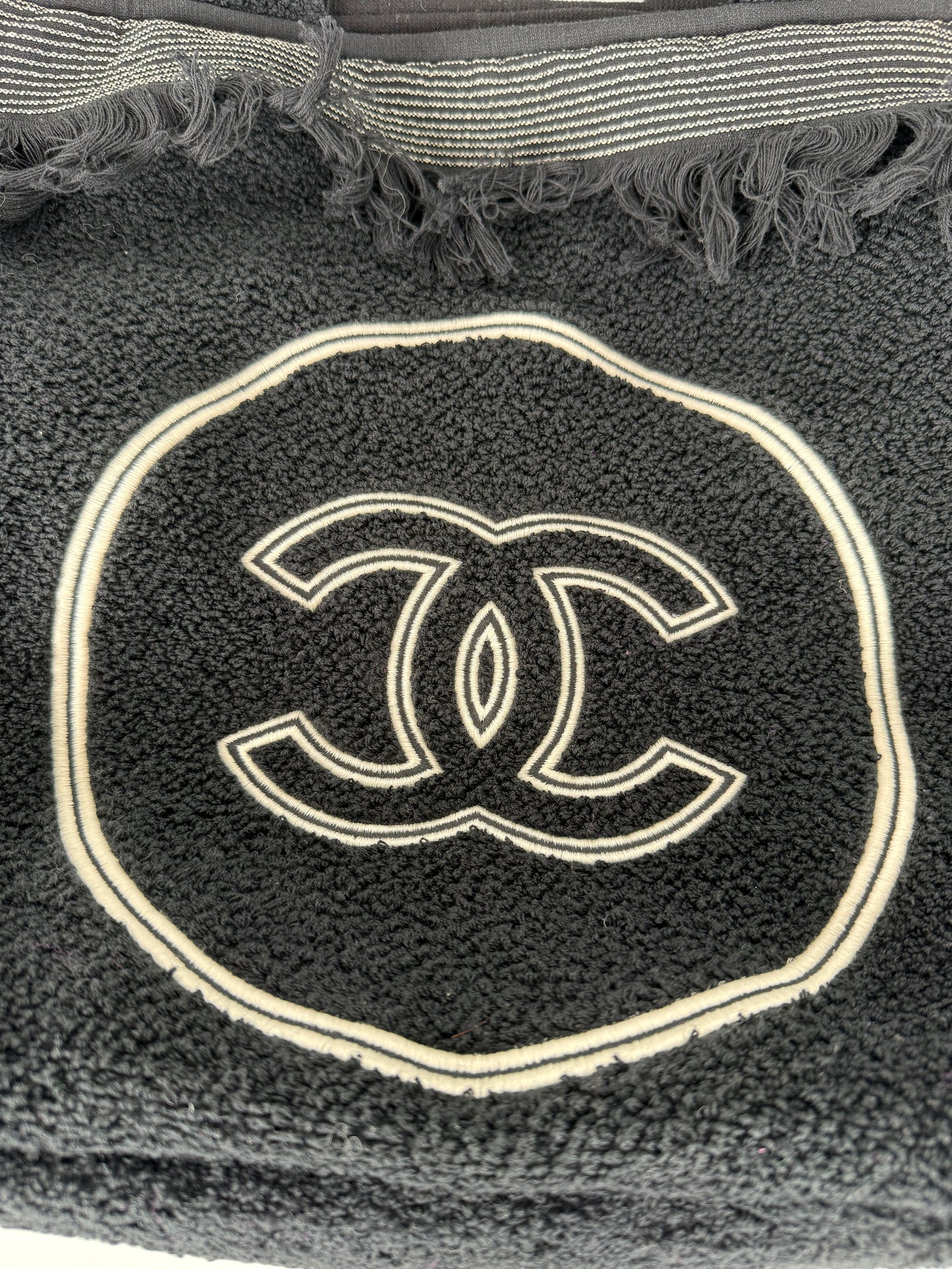 CHANEL Terry Cotton Fringe CC Logo Black Ecru Beach Shopping Tote with Pouch and Towel