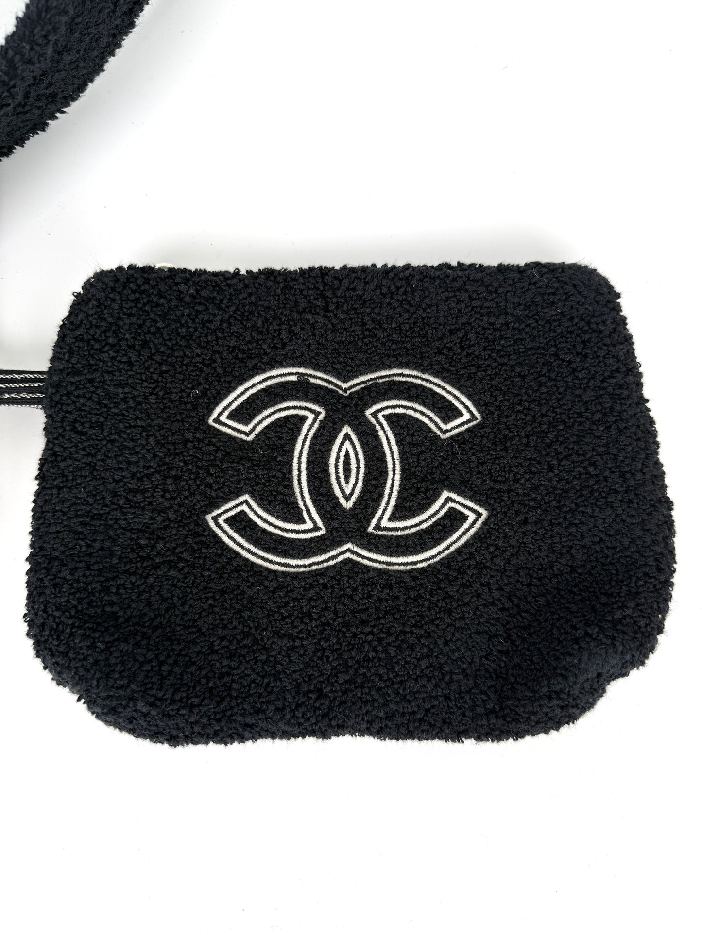 CHANEL Terry Cotton Fringe CC Logo Black Ecru Beach Shopping Tote with Pouch and Towel