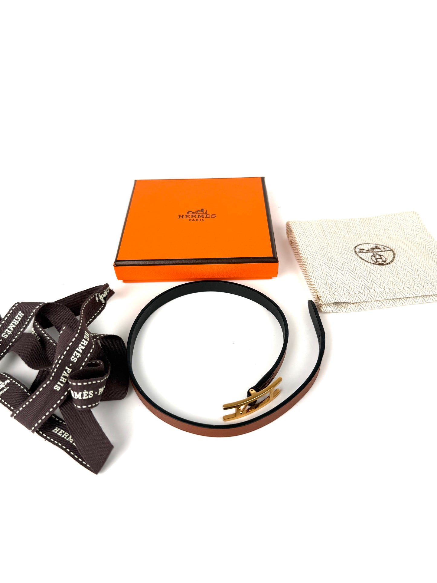 HERMES BeHapi Double Tour Reversible Black Gold Leather Gold Plated Hardware Wrap Bracelet XS