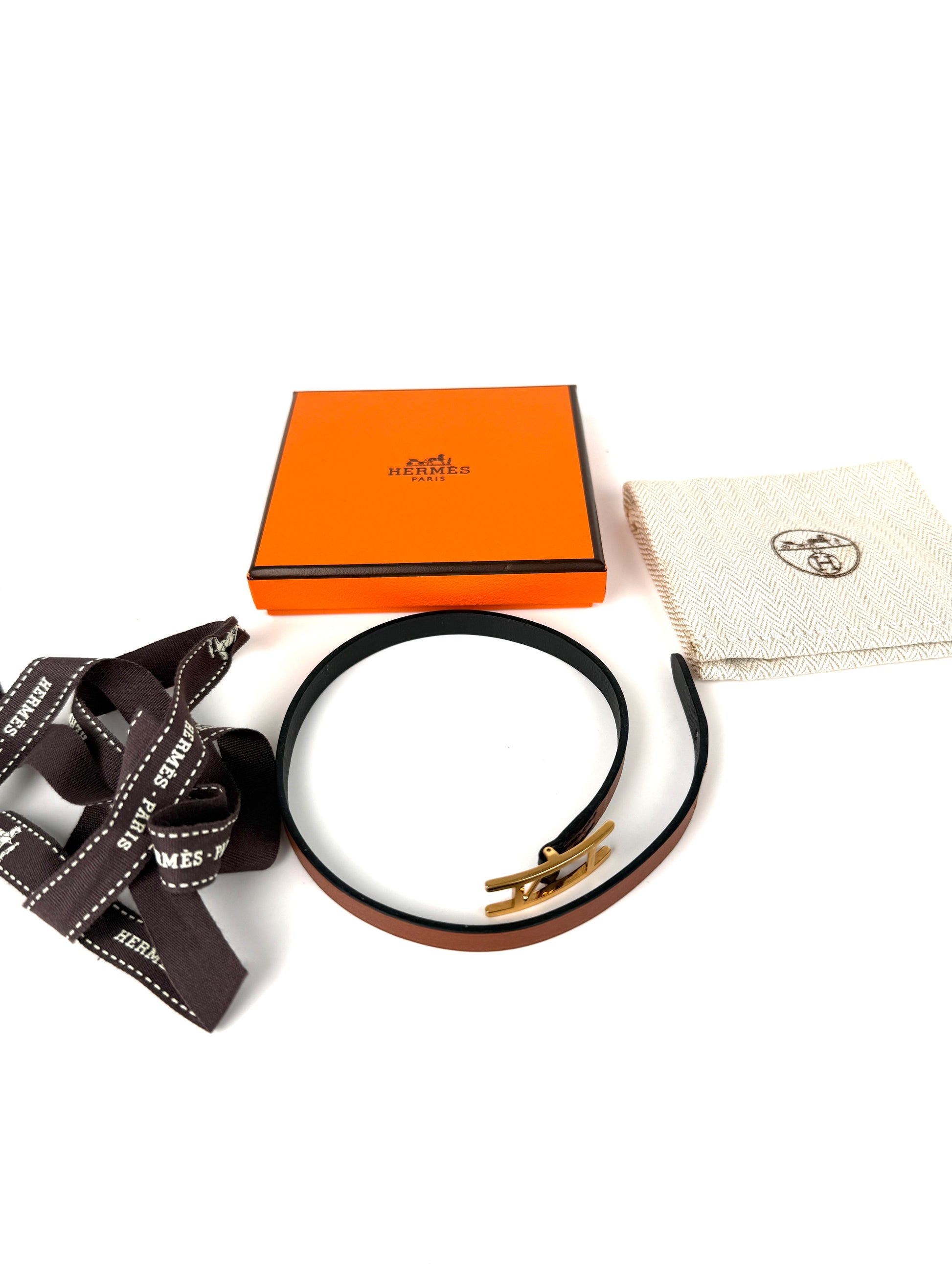 HERMES BeHapi Double Tour Reversible Black Gold Leather Gold Plated Hardware Wrap Bracelet XS